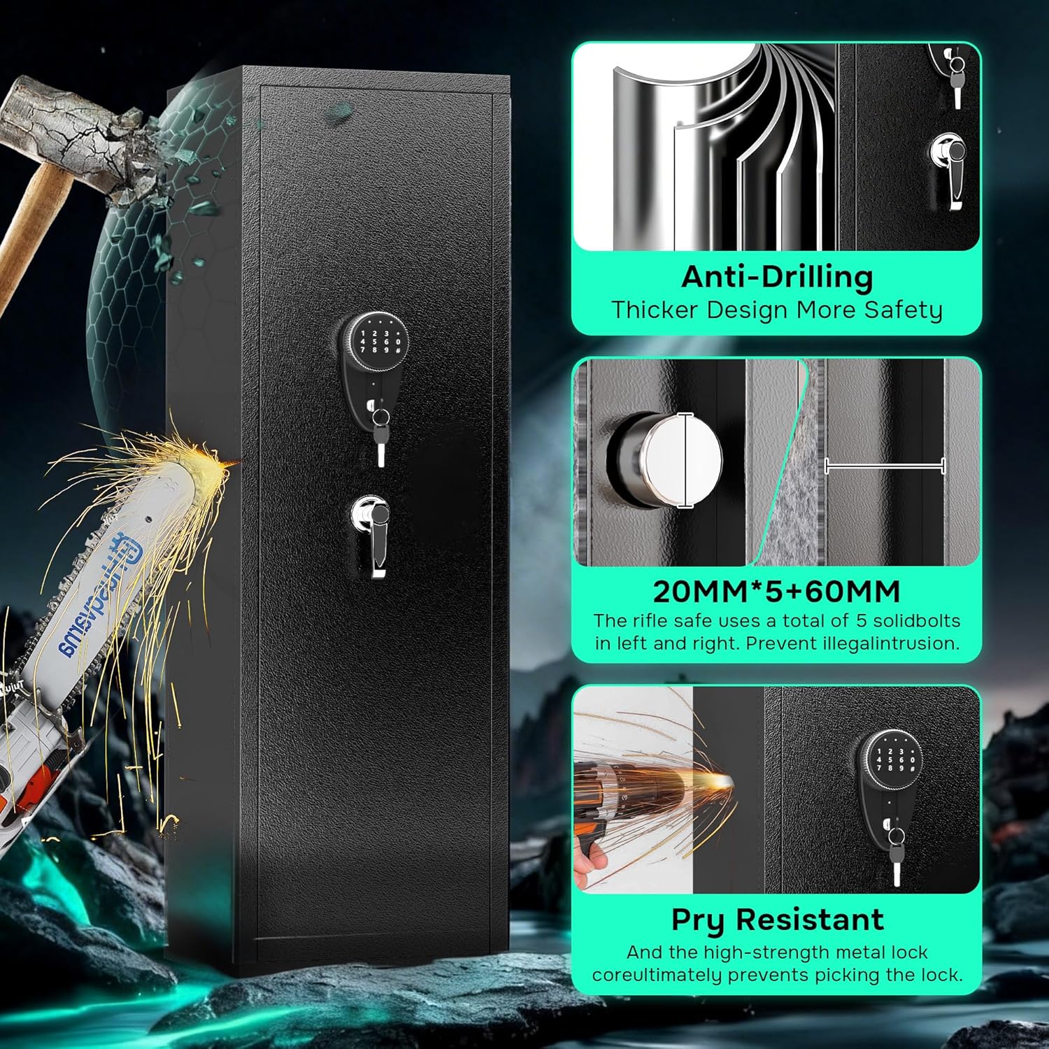 Gun Safe for Rifles and Pistols, Rifle Safe for 5 Shotguns and 7 Handguns Storage, Gun Locker with 3 Removable Gun Racks, Gun Cabinet with Digital Keypad, Gun Safe Home & Hunting for Enthusiasts
