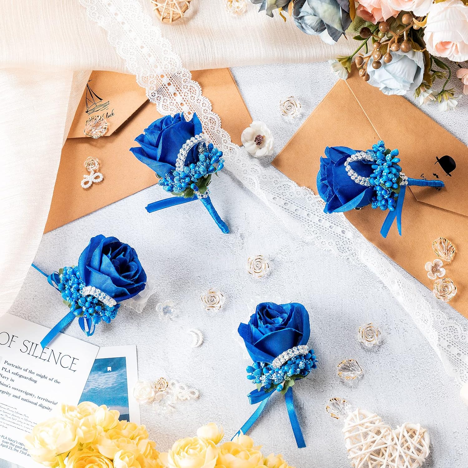 Giegxin 12 Pieces Wrist Corsage Boutonniere Set Artificial Rose Handmade Bridesmaid Corsage and Groom Men Boutonniere for Prom Suit Decoration, Wedding, Ceremony Anniversary Dinner Party (Dark Blue) - Image 7