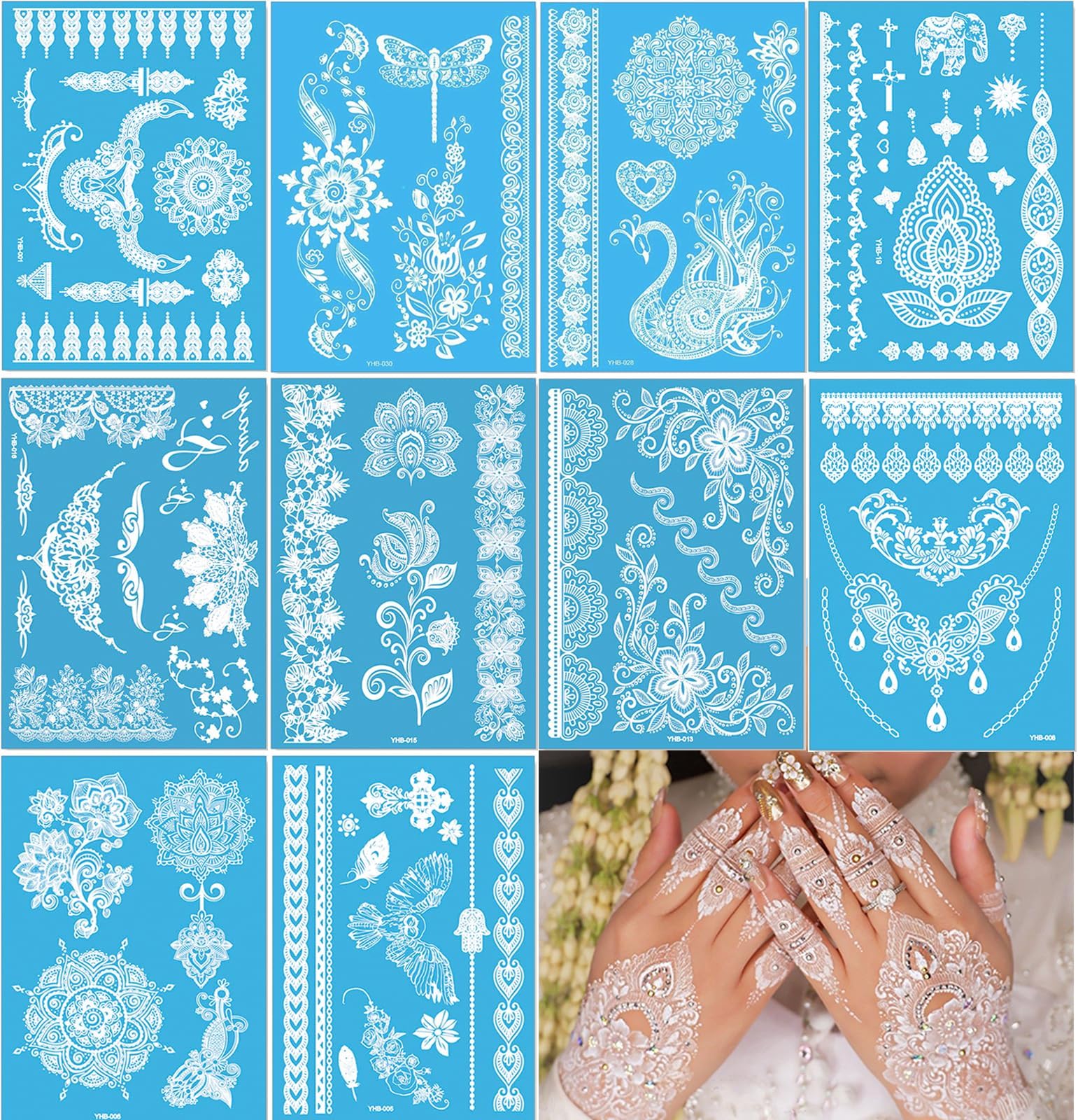 Temporary Tattoos 10 Sheet For Women Girls Mandala Flower Tattoo Stickers Indian Brown Lace Tattoo,Waterproof Removable Fake Tattoo Festival For Body Art (white-10pcs)