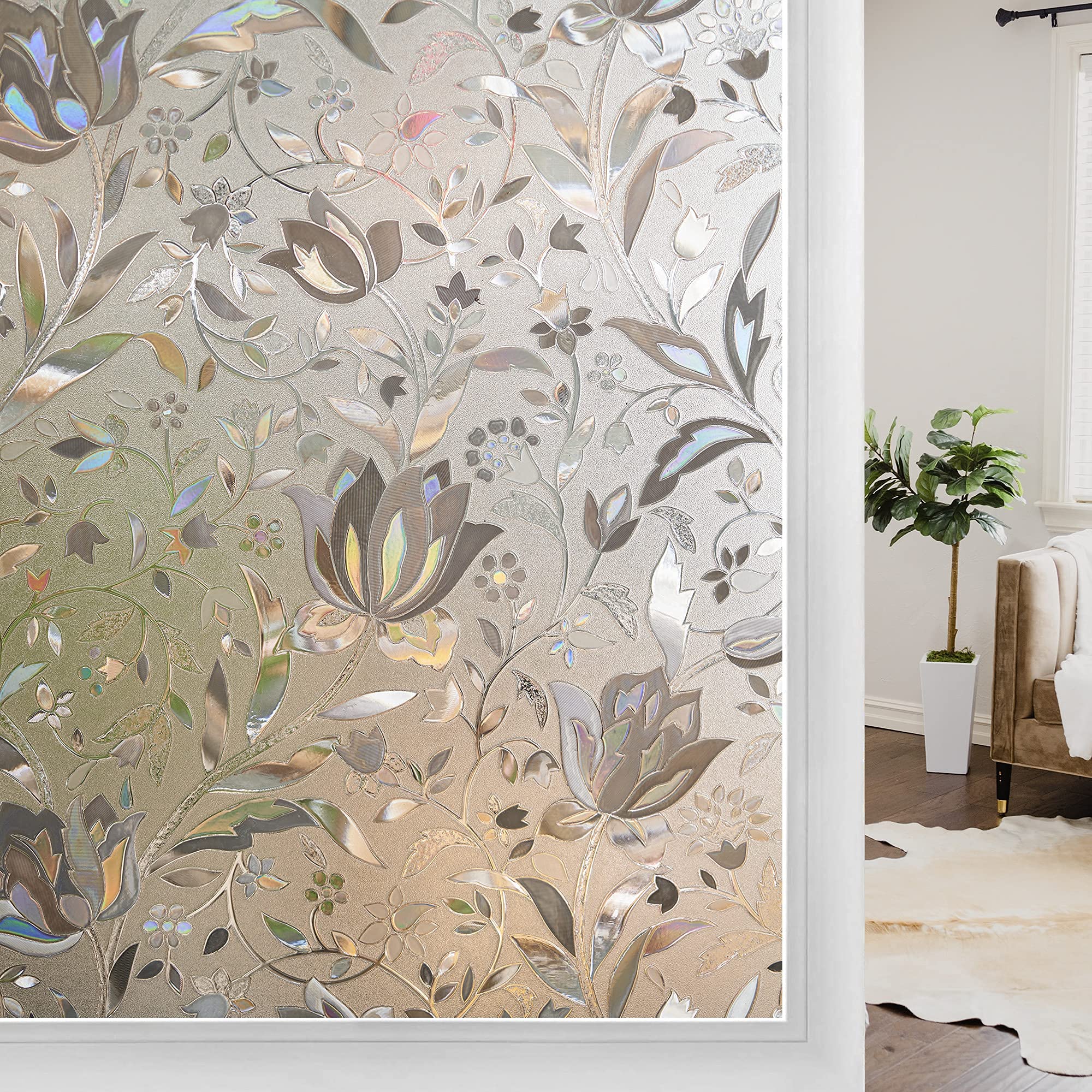 Bylimbo Decor Tulip Window Film Privacy Stained Glass Frosted Decoration Static Cling Removable Window Sticker For Home Bathroom Kitchen Office 17.7 By 78.7 Inches (3D )