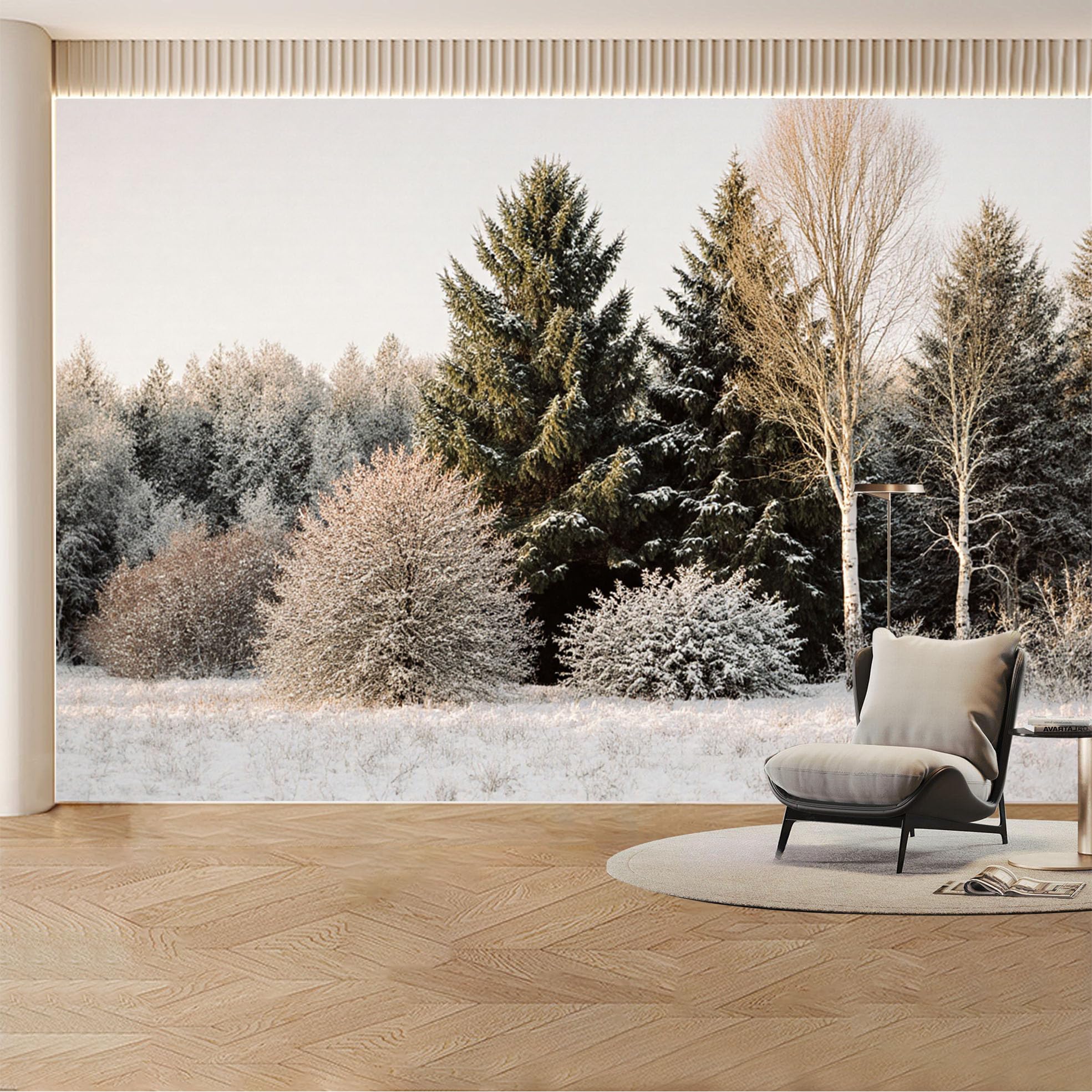 Custom Wall Mural Wallpaper Snowy Forest Pine Trees， Landscape Nature Large Wall Art， Minimalist Nordic for Living Room， Bedroom， Office