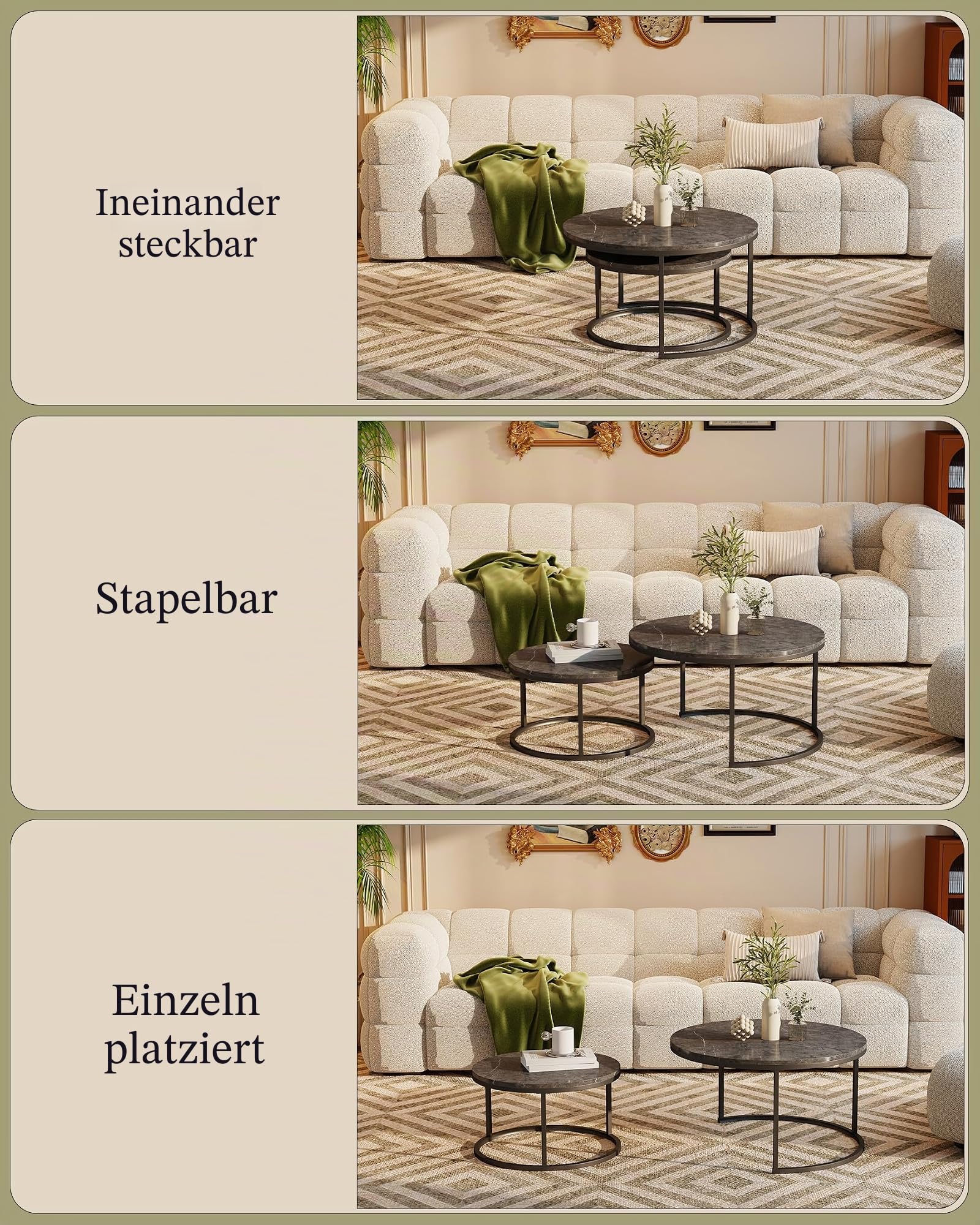 Runder Couchtisch Grau 2er Set 80+60 cm, Couchtisch Marmor Optik MDF Beistelltische Runder Tisch Wohnzimmer Modern, Metallgestell Dunkelgrau, Wasserabweisend, Grau