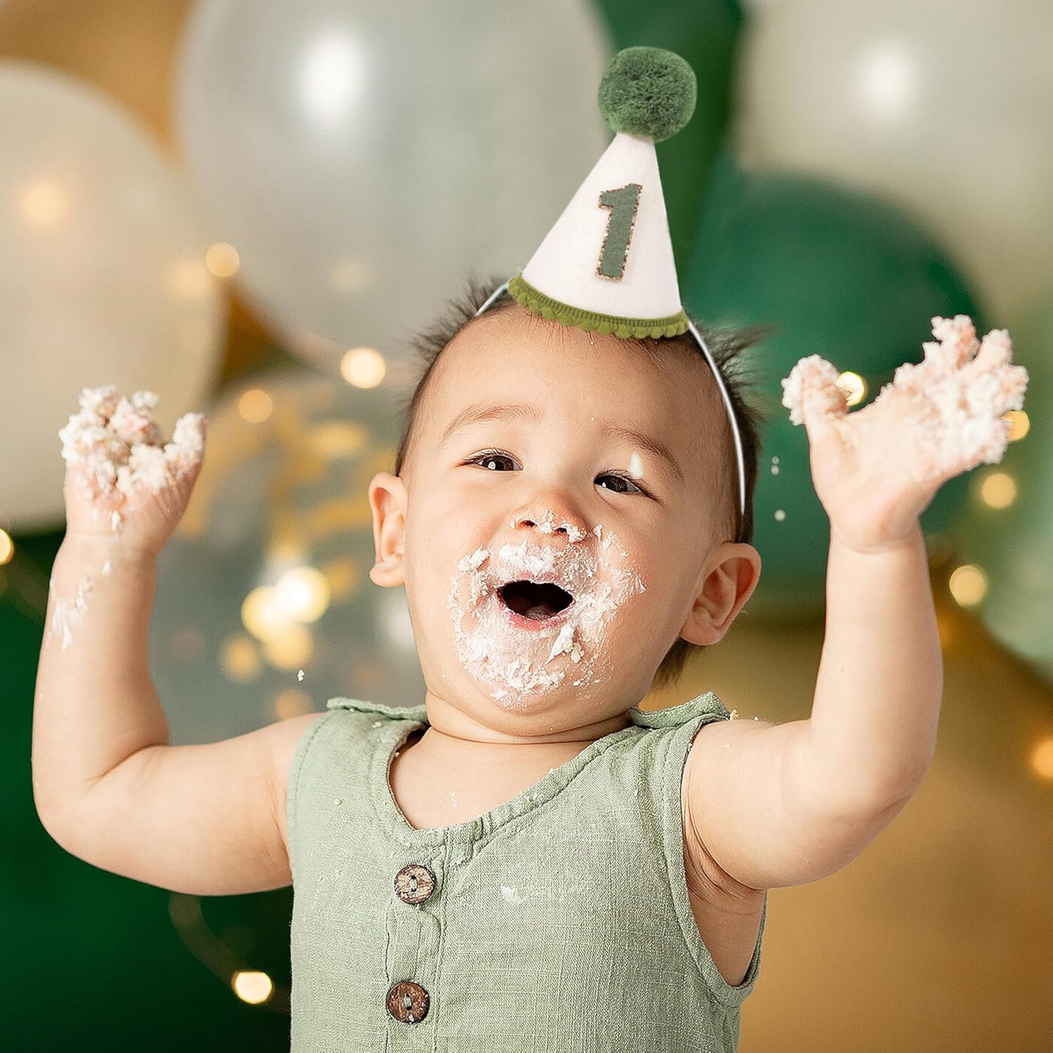 Wild One 1st Birthday Cone Hat - Greenery First Birthday Party Hat for Baby Boys, Olive Party Crown for Boy - Image 6