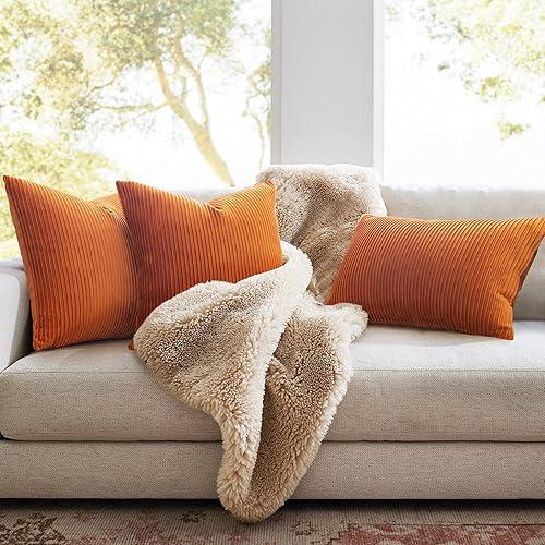 Miniatura 3 de YCOLL Juego de 2 fundas de almohada naranja quemado de 20 x 20 pulgadas con patrón de rayas de terciopelo, almohadas suaves para decoración del