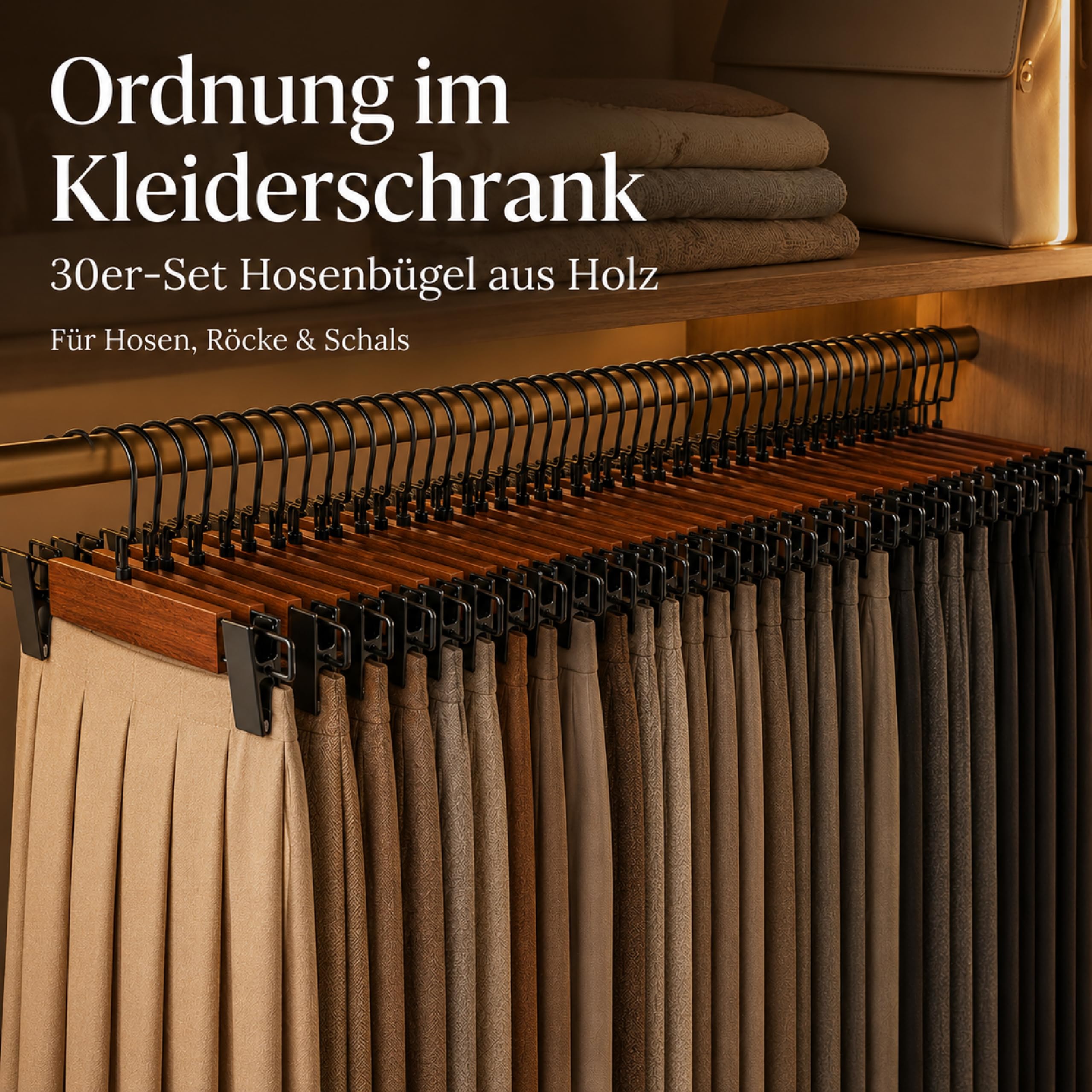 30 Stück Hosenbügel Holz mit Verstellbaren Clips, Rockbügel Walnuss