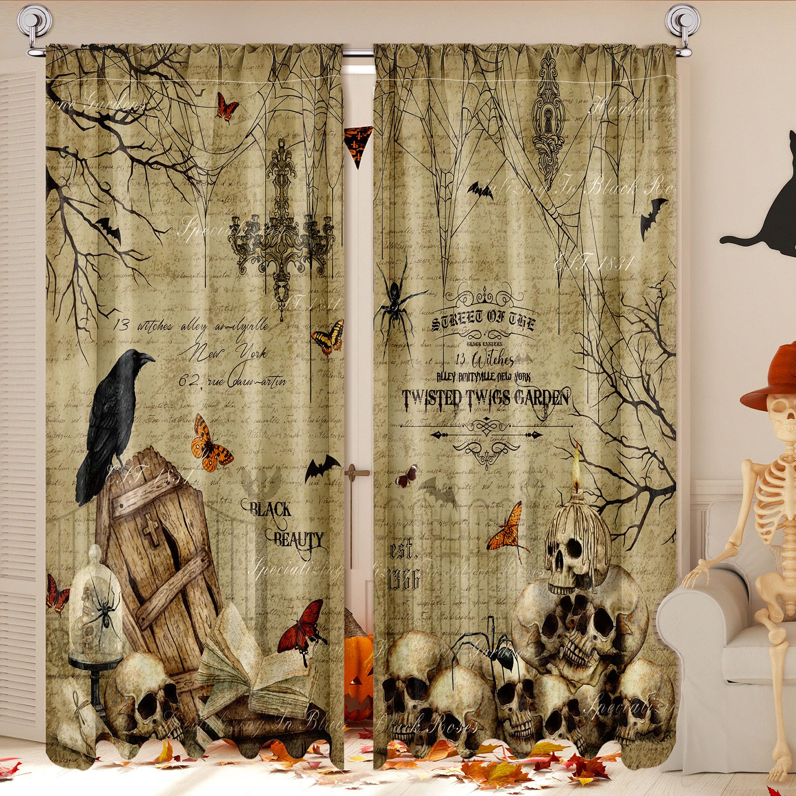 SmoothNovelty 2 Pcs Halloween Curtains for Living Room Gothic Skull Crow