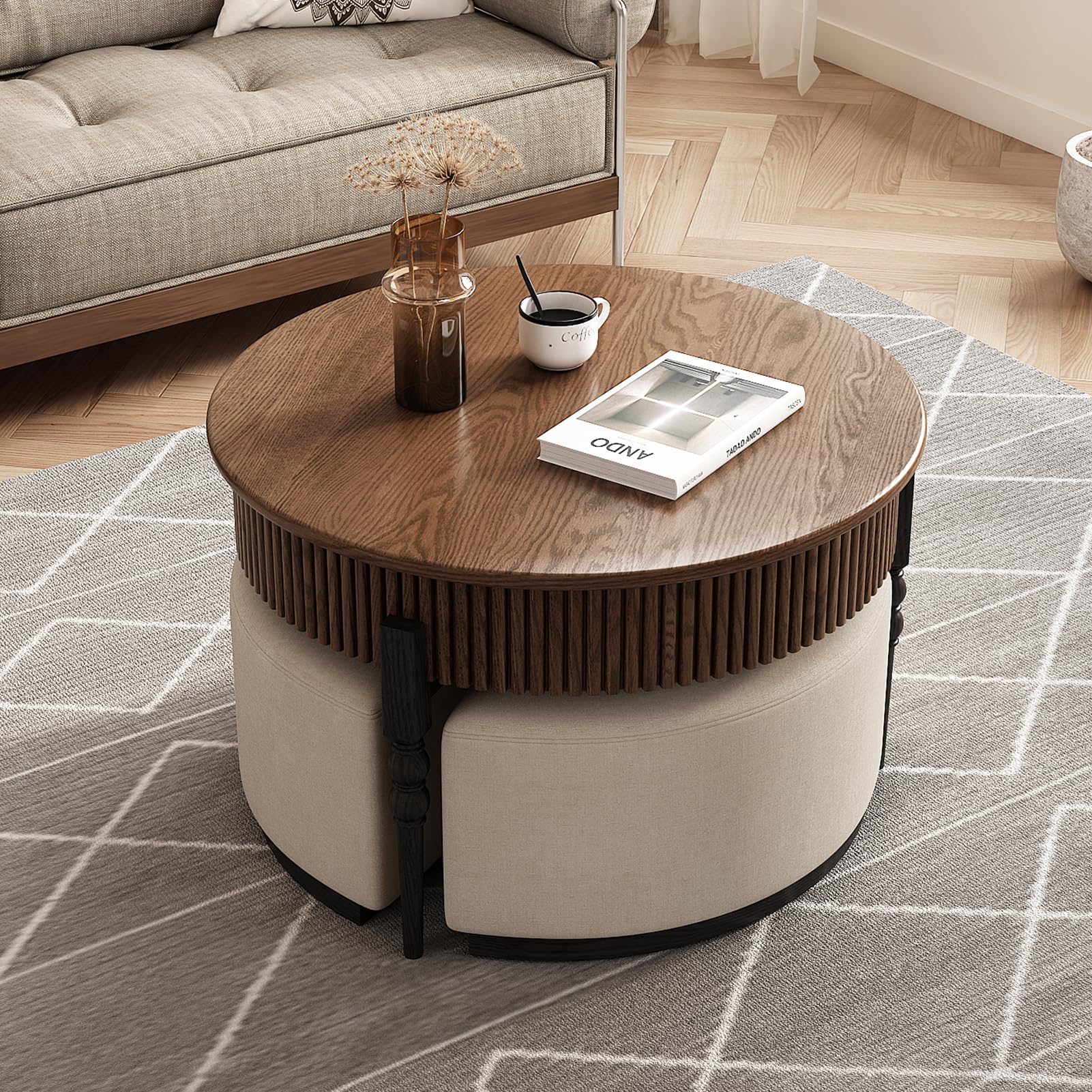 Lartis Modernes rundes Couchtisch-Set, Walnuss-Finish mit Stauraumschublade und Hockern, 2-teiliges Set für das Wohnzimmer