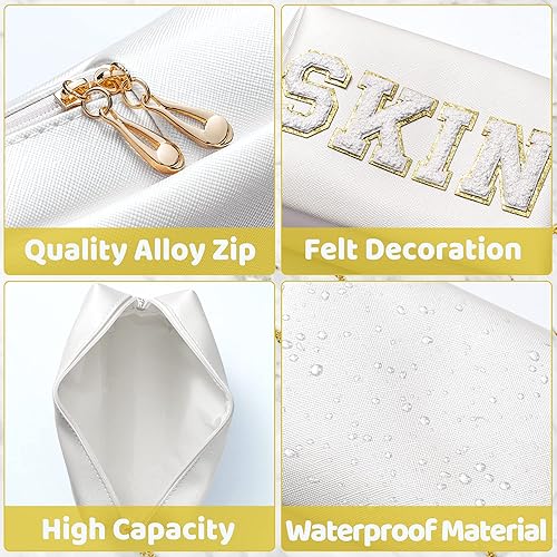 Miniatura 3 de Y1tvei Preppy Patch SKIN - Neceser de cosméticos con letra blanca, piel sintética, portátil, bolsa de maquillaje, bolsa de almacenamiento de