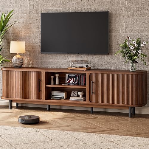70" TV Stand for TVs Up to 75", Mid Century Modern Fluted Entertainment Center with 2 Storage Cabinets, Sliding Doors, Cable Management, Wood Television Media Console for Living Room, Walnut