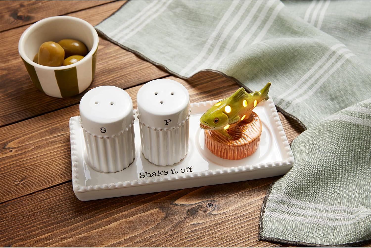 Mud Pie Salt Pepper Accessory Holder; shaker 2 3/4" x 1 3/4" dia | tray 3 1/4" x 6 3/4"