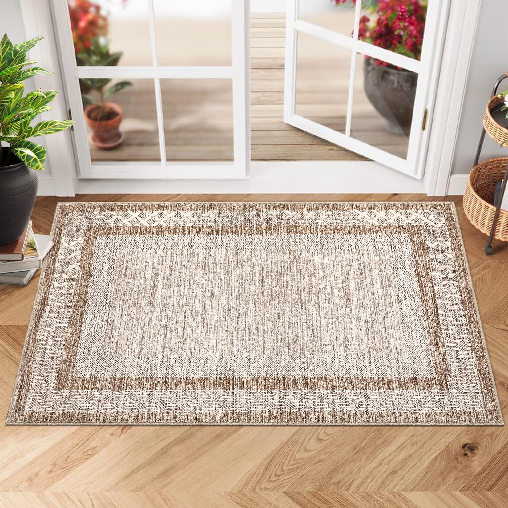 GarveeHome Modern Geometric Area Rug 2x3 Distressed Bordered Washable Non Slip Floor Small Carpet Non Shedding Thin Soft Low Pile Rug, Contemporary