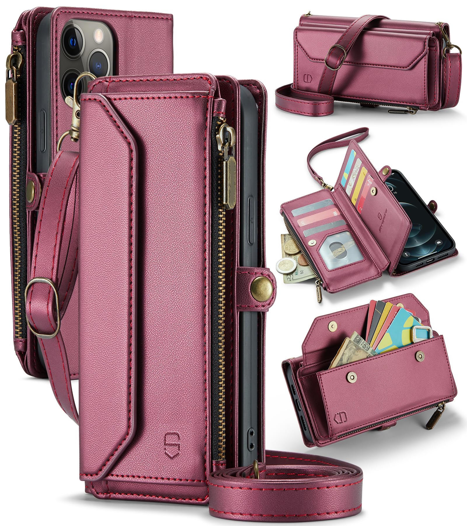 Crossbody for iPhone 12 Pro Max Case Wallet?RFID Blocking?with 10-Card Holder Zipper Bills Slot, Soft PU Leather Magnetic Wrist Shoulder Strap for iPhone 12 Pro Max Wallet Case Women,Wine Red