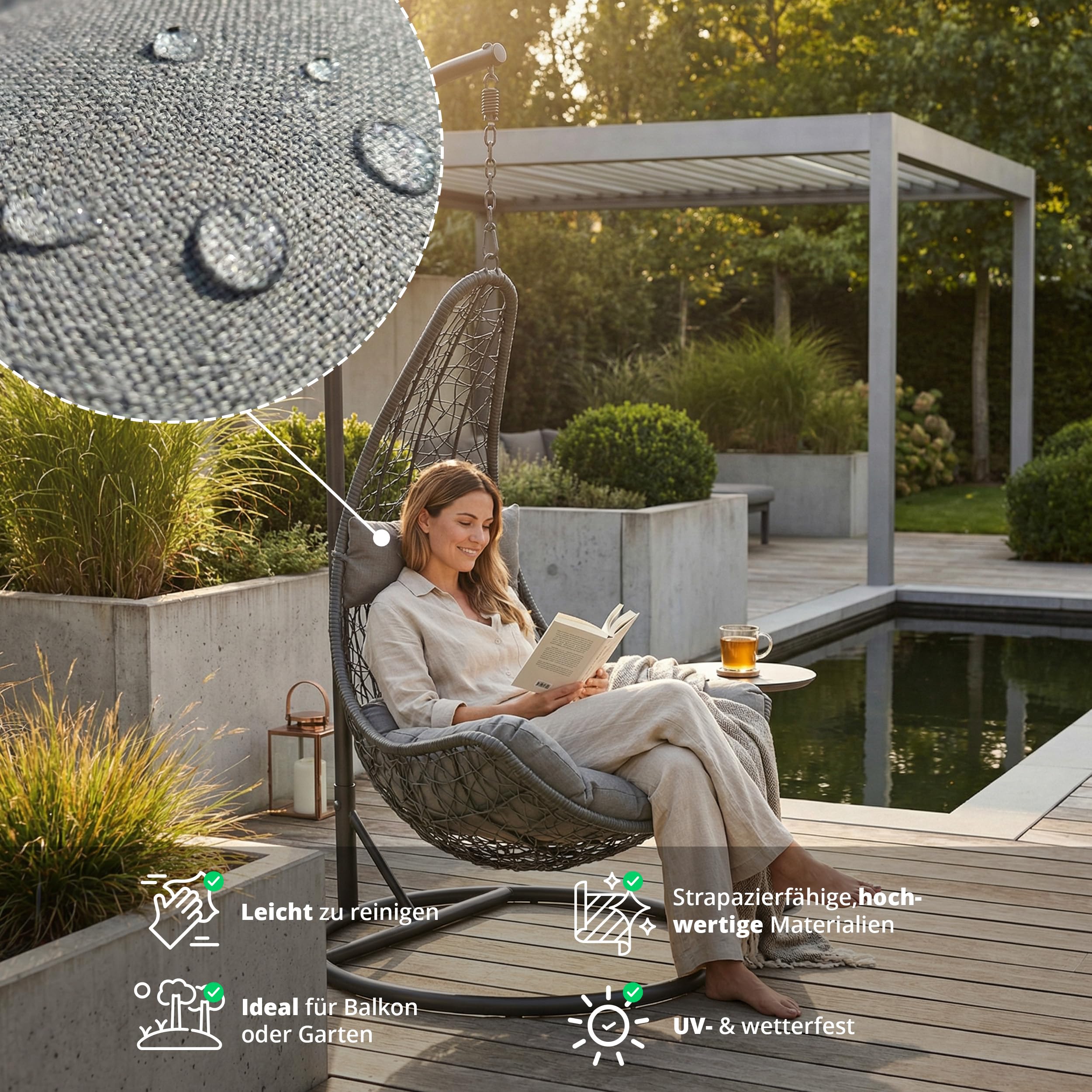 KHG Poltrona sospesa antracite, comodo cesto in vimini con cuscino grigio chiaro, per giardino e terrazza, resistente ai raggi UV, portata 120 kg, 83 x 83 x 201 cm