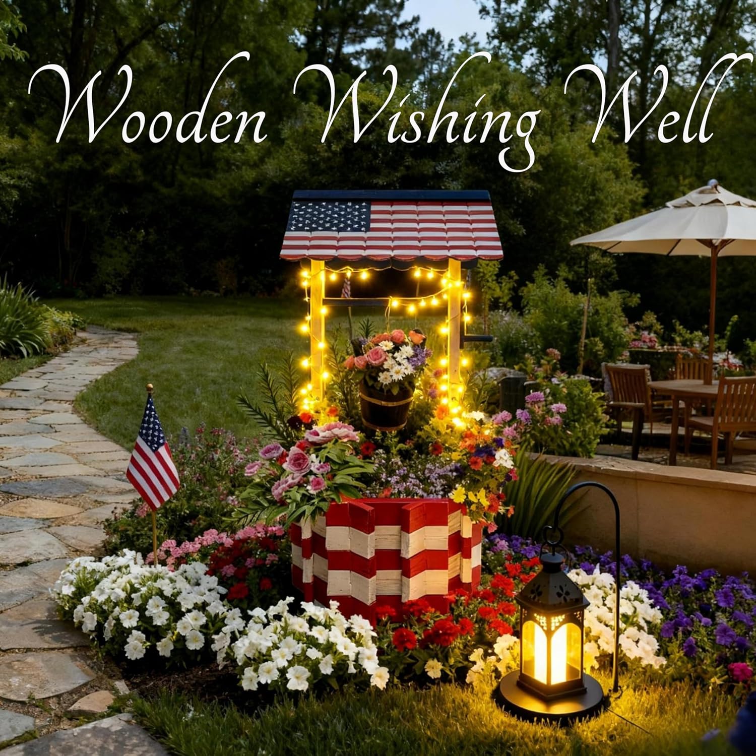 NestNature 25.56" Americana Wooden Wishing Well Planter for Outside, Rustic Outdoor Wishing Well with 4 Reinforced Rods & Hanging Bucket, Decorative Well Cover for Yard Garden Patio Lawn Backyard