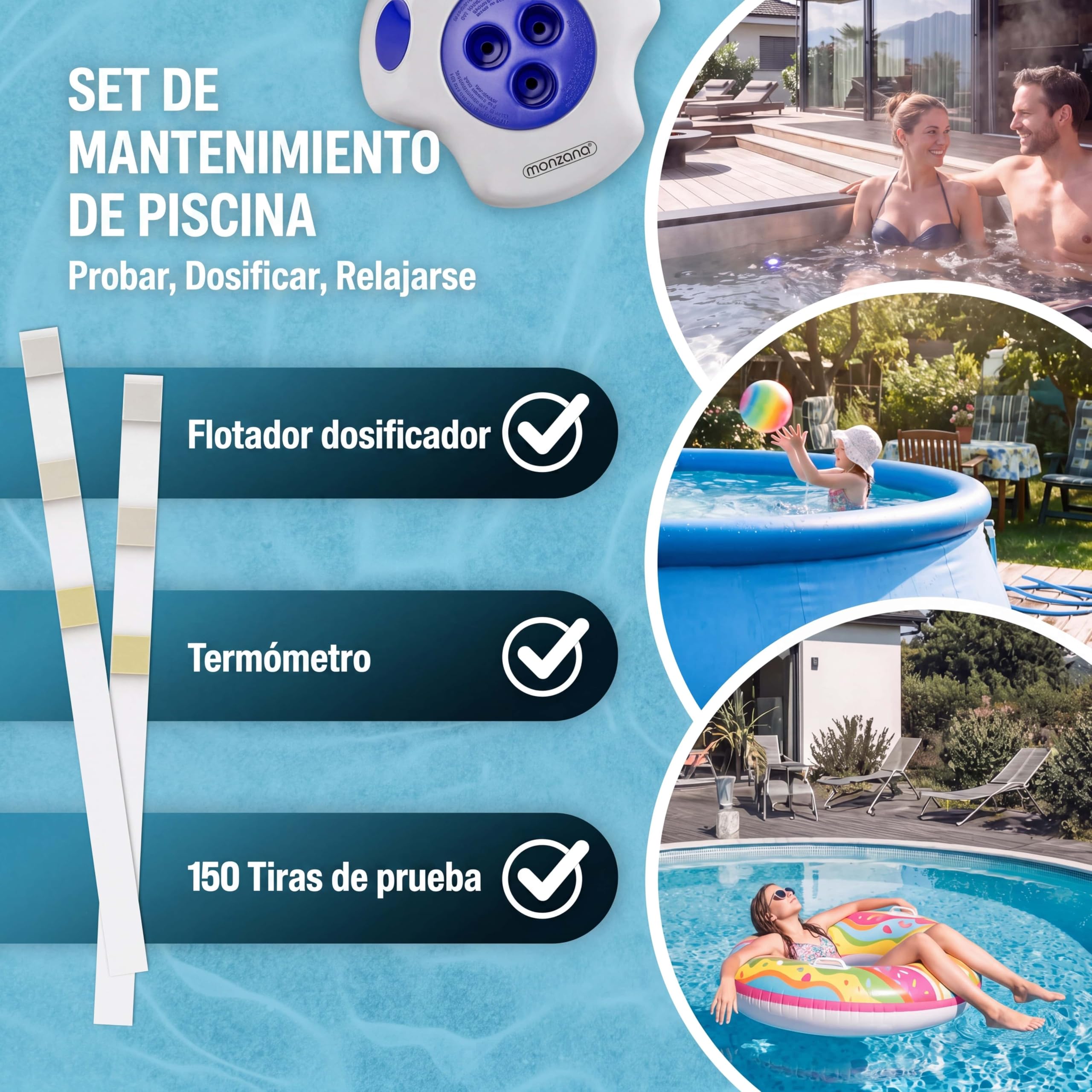 MONZANA® Dispensador Cloro Piscina para Tabletas de 20-200 g Incluye 150 Tiras Reactivas 3 en 1 PH Dosificador Flotante con Termómetro Resistente Rayos UV Duradero