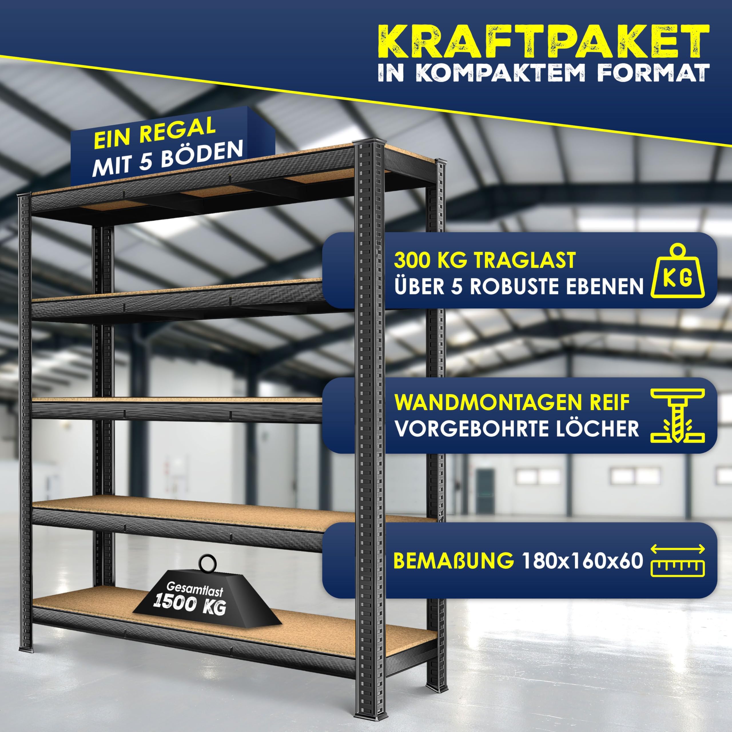 MASKO® Schwerlastregal Lagerregal Kellerregal 180x160x60cm, 1500kg belastbar, 5 verstellbare Ablagen, MDF-Platten Regal aus Metall, Steckregal, Werkstattregal Stahlgestell Garage Werkbank Schwarz