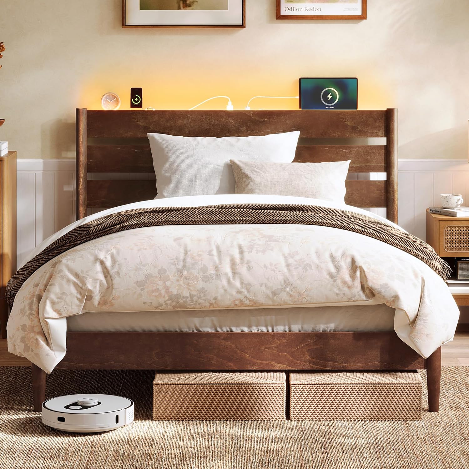 SONGMICS HOME Full Bed Frame with Solid Wood Legs Slats, Platform Bed with Headboard, LED Lights, Charging Station, Mid-Century Modern Style, No Box Spring Needed, Coffee Brown URMB412K02 Full Coffee Brown