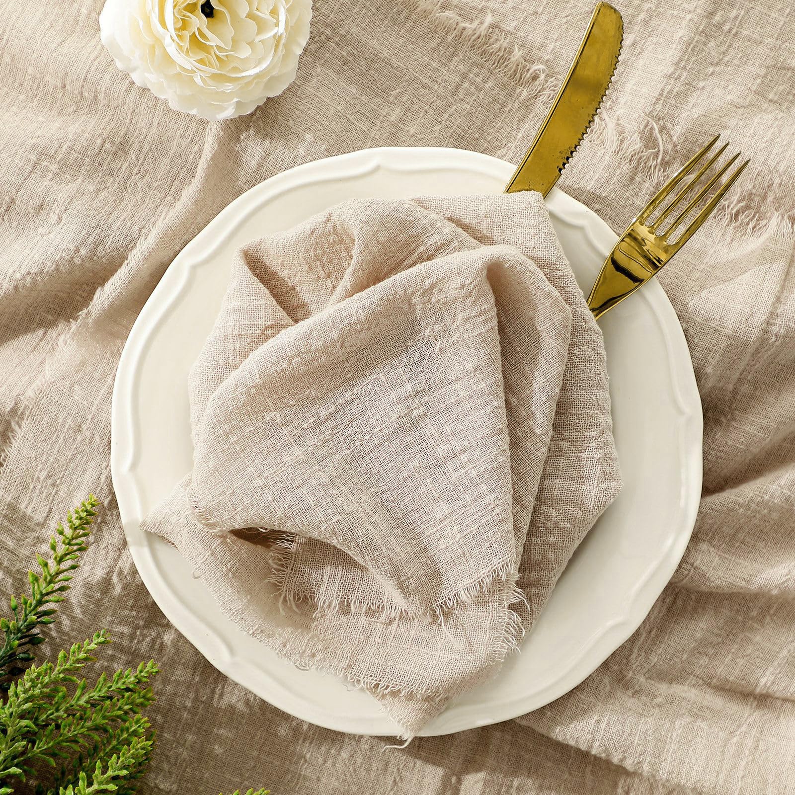 LALAGO 12 stuks linnen servetten, 45 x 45 cm, stoffen servetten, stof, wasbaar, tafelservetten met kwasten voor tafeldecoratie voor de sacramentele doop (beige