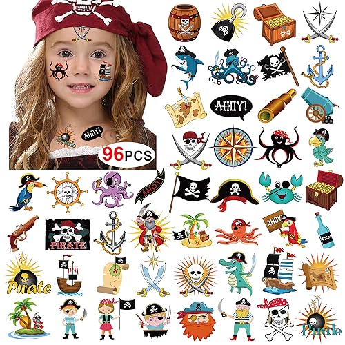 Tatuajes de pirata (96 piezas), tatuaje temporal pirata de Konsait, polvo de cañón pirata, Jake, Capitán, tatuaje corporal, para pirata, suministros