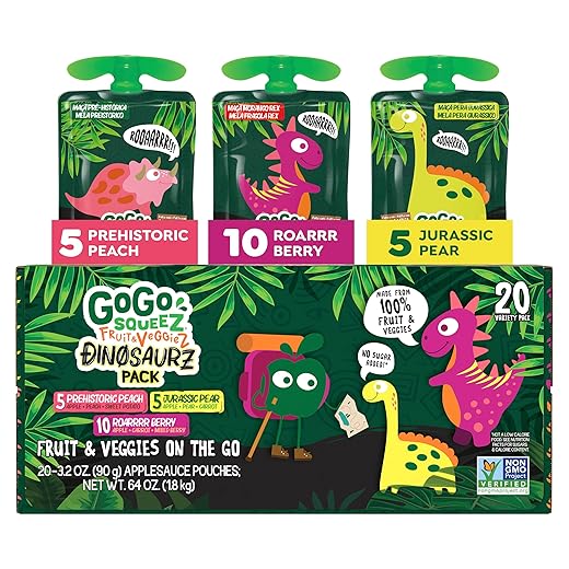 GoGo squeeZ Fruit & veggieZ Applesauce and Puree Variety Pack, Jurassic Pear, Roarrrr Berry & Prehistoric Peach, 3.2 oz (Pack of 20), Unsweetened Snacks for Kids, BPA Free Pouches