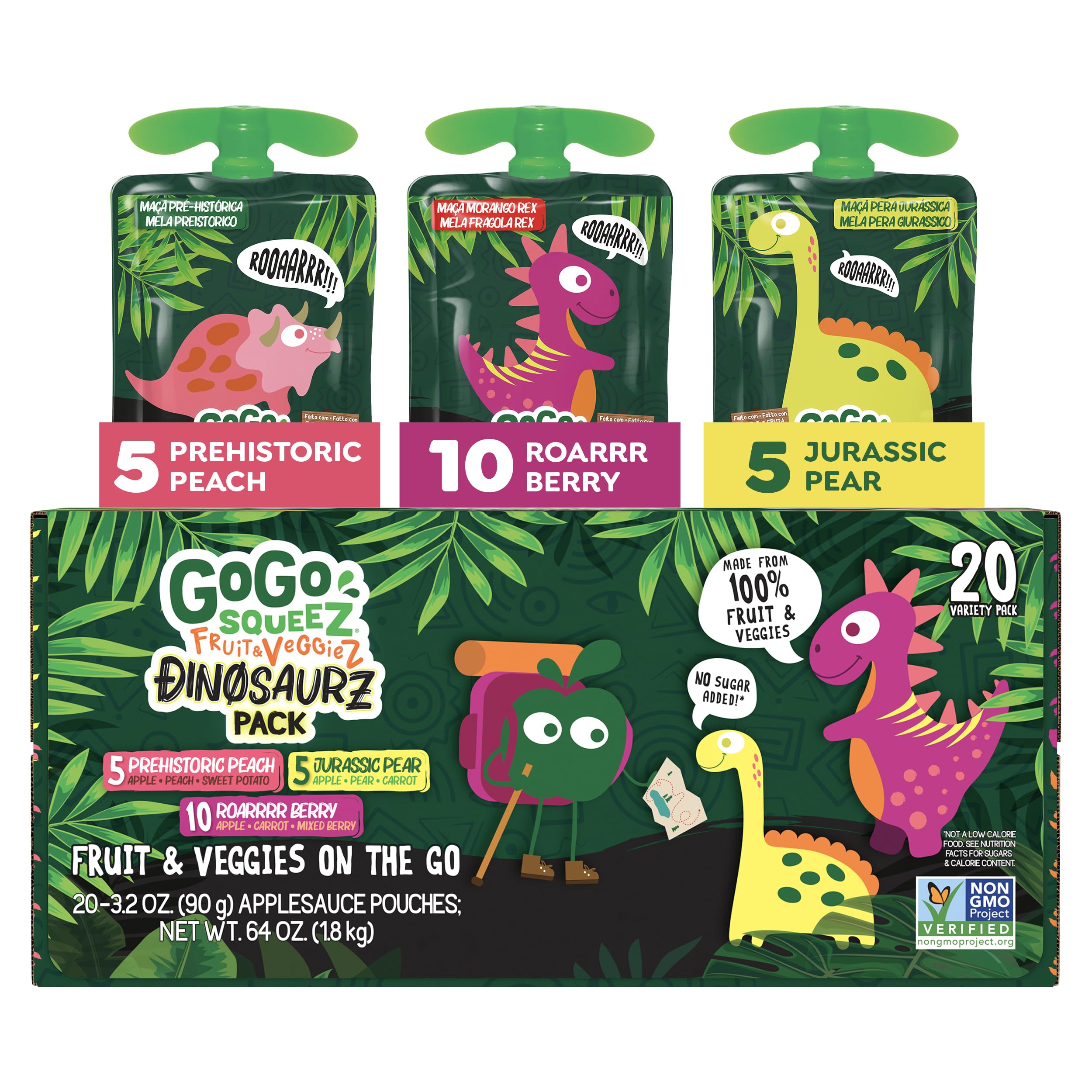 GoGo SqueeZFruit & veggieZ Applesauce and Puree Variety Pack, Jurassic Pear, Roarrrr Berry & Prehistoric Peach, 3.2 oz (Pack of 20), Unsweetened Snacks for Kids, BPA Free Pouches