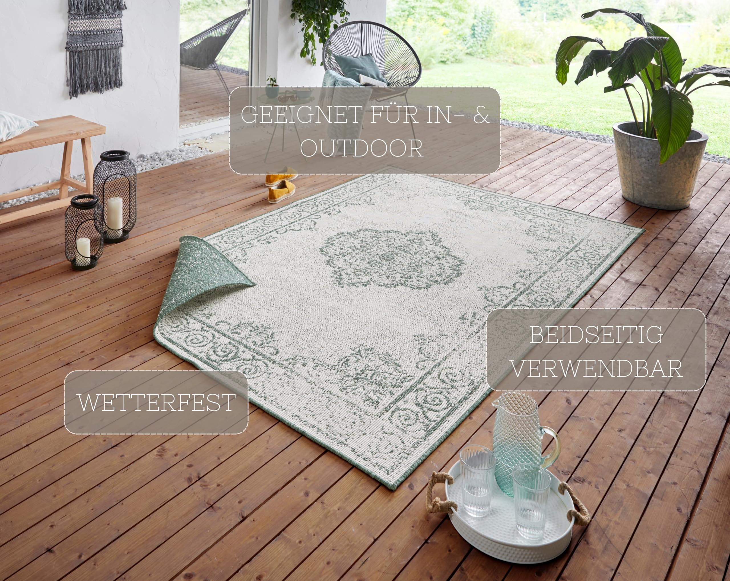 NORTHRUGS Cebu Tapis d'intérieur et d'extérieur réversible 160 x 230 cm – Résistant aux intempéries Design Oriental Vintage pour Balcon, terrasse, Jardin, Jardin d'hiver, Salon, imperméable en Vert