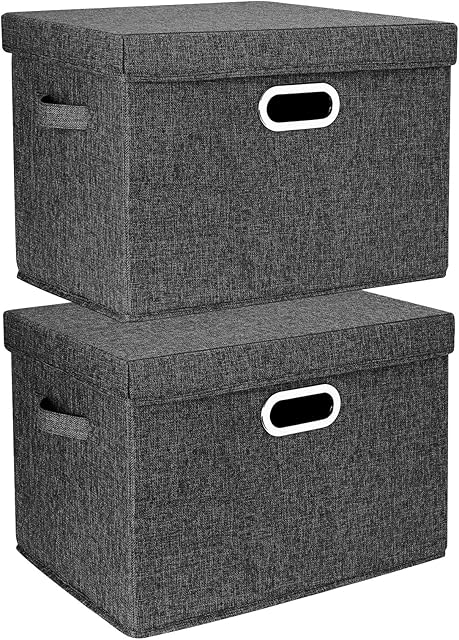 TYEERS Large Storage Box with Lid, Collapsible, Washable, Fabric Storage Box for Clothes, Wardrobe Storage, Toy Storage - Set of 2 - Black