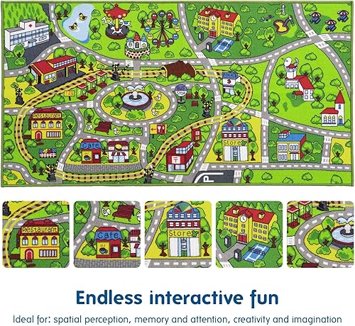Miniatura 7 de Booooom Jackson Alfombra Infantil de Tren y Ciudad - Antideslizante, Lavable, Pista de Carreras de Coches para Niños y Niñas