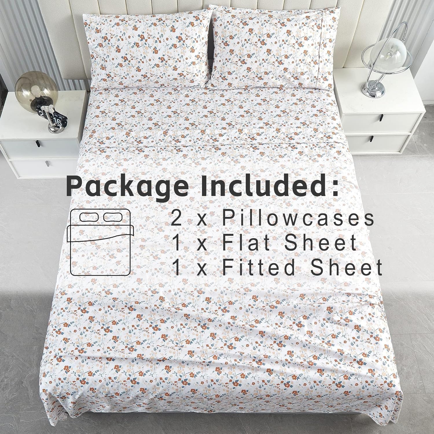 Softan Floral Full Sheet Set, Orange Flower Printed Bed Sheets - 4 Piece Soft Microfiber Patterned Fitted Sheets with 15" Deep Pocket & Non-Slip Straps, Cute Flower Sheets & Pillowcase Set - Image 8