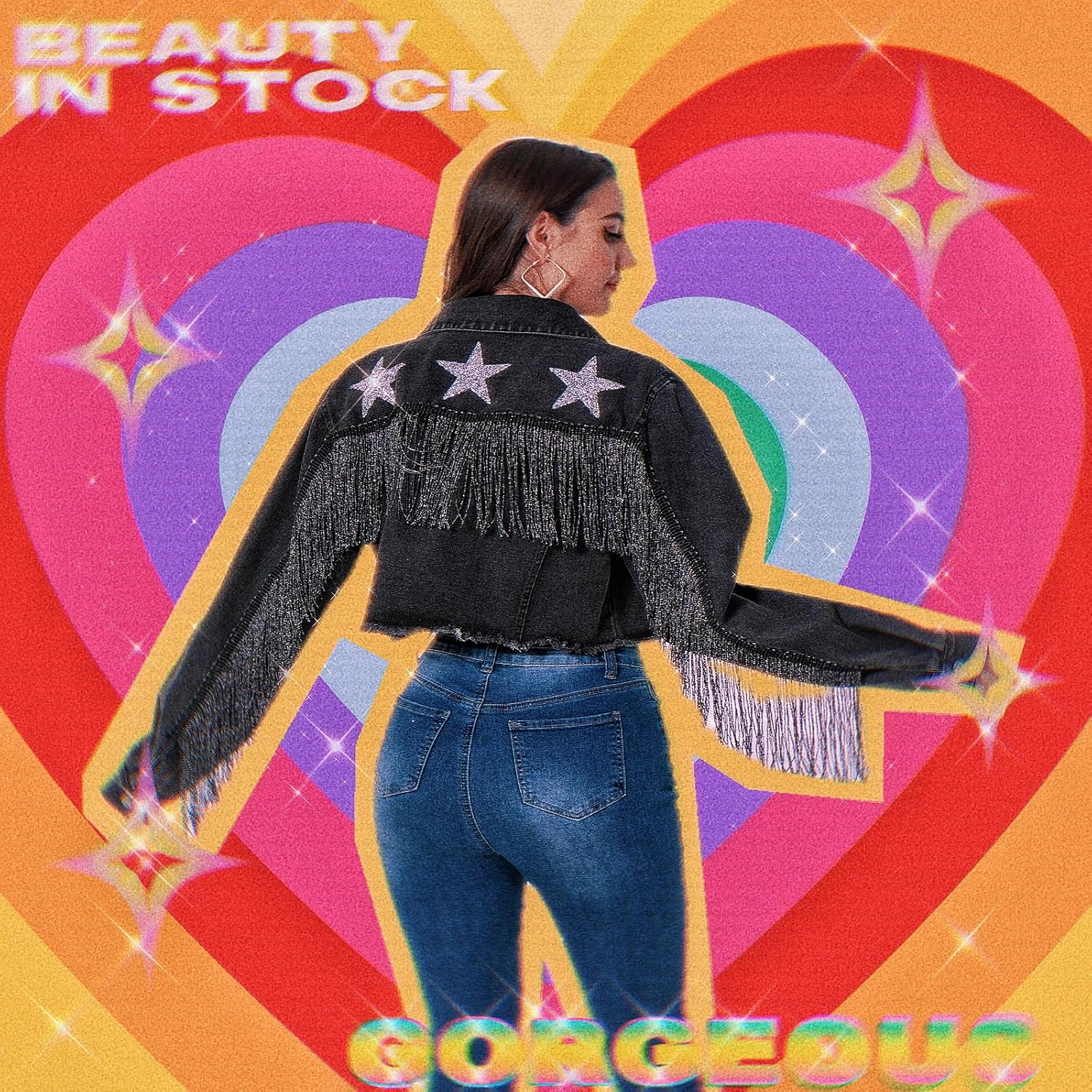 Fringe Denim Jean Jacket Cropped Rhinestone Denim Jacket Distressed Long Sleeve Tassel Jean Coat for Women - Image 4