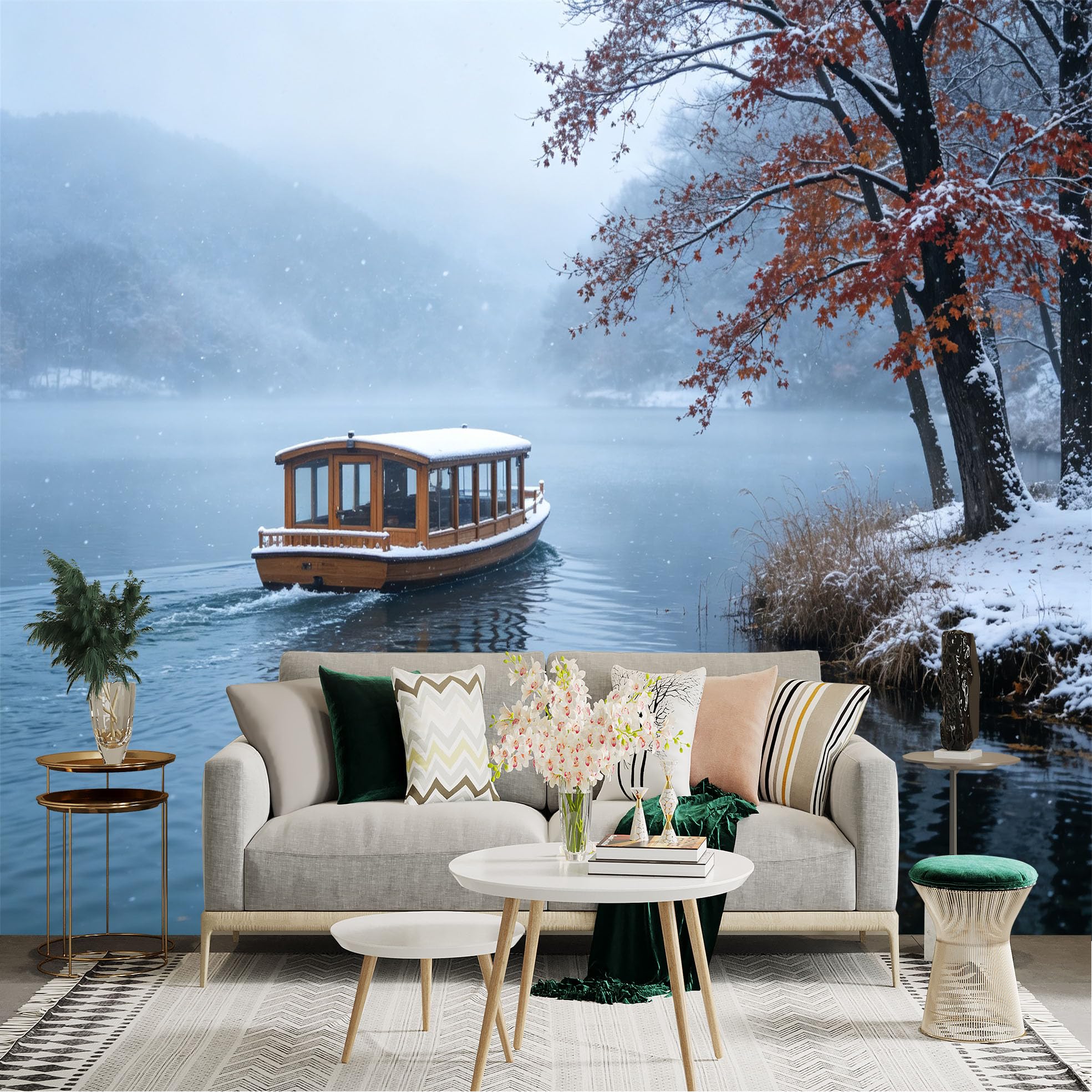 Custom Size Wall Sticker Mural， Wooden Boat on Misty Lake， Snowy Winter Landscape， Red Maple Tree， for wall Decoration， peelandstick wall Decals.