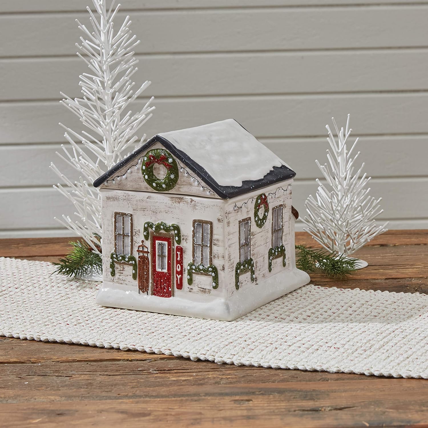 Park Designs Vintage Hometown Cookie Jar – White | Santa Village Ceramic Christmas Cookie Canister for Holiday Kitchen Decor | Winter Treat Storage Jar | Nostalgic Vintage Countertop Box Decoration
