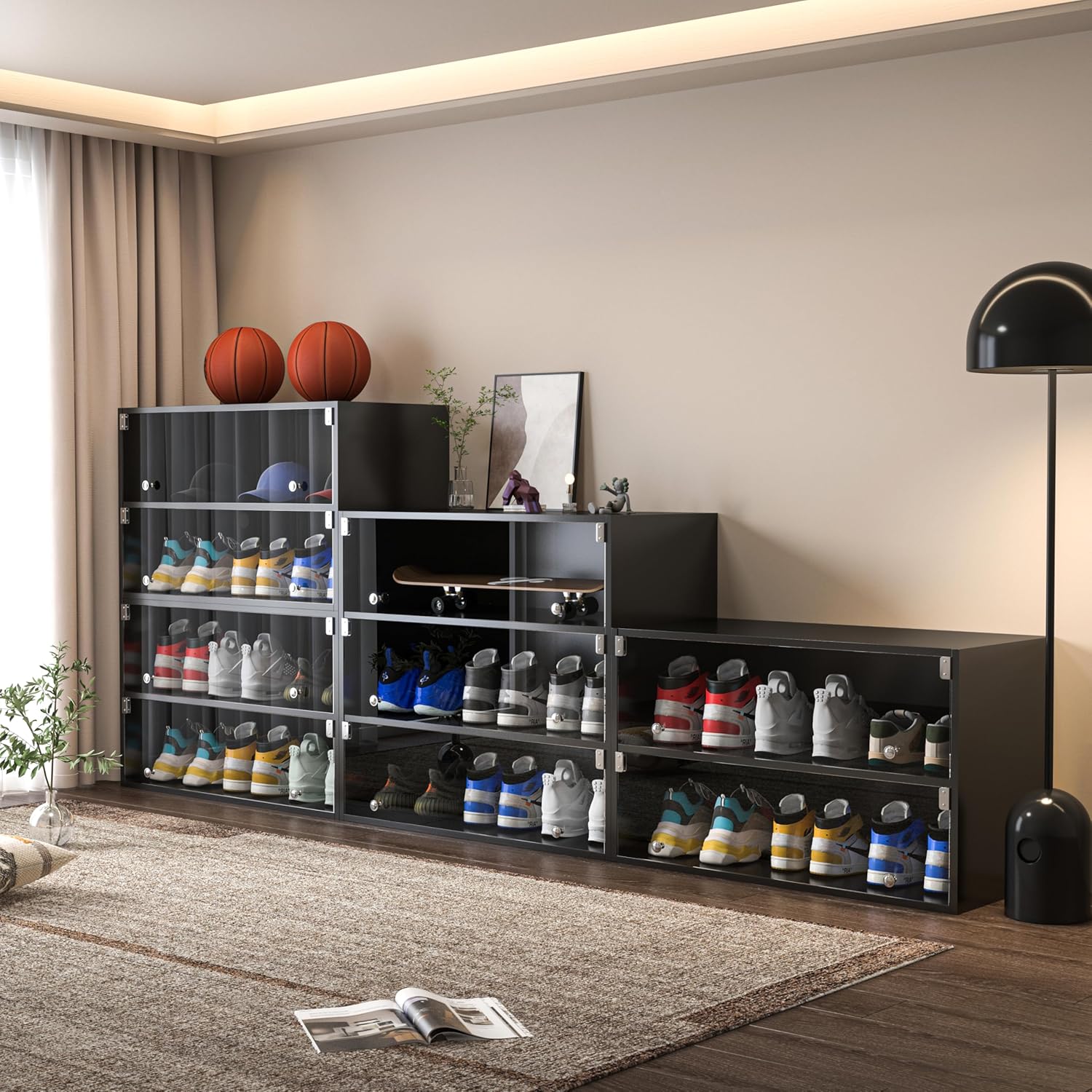 Stackable Sneaker Storage with Lights for Up to 9 Pairs of Shoes, Sneaker Case with Glass Doors, Clear Shoe Boxes Stackable and Wooden Showing Shoe Rack for Space Saving, Black