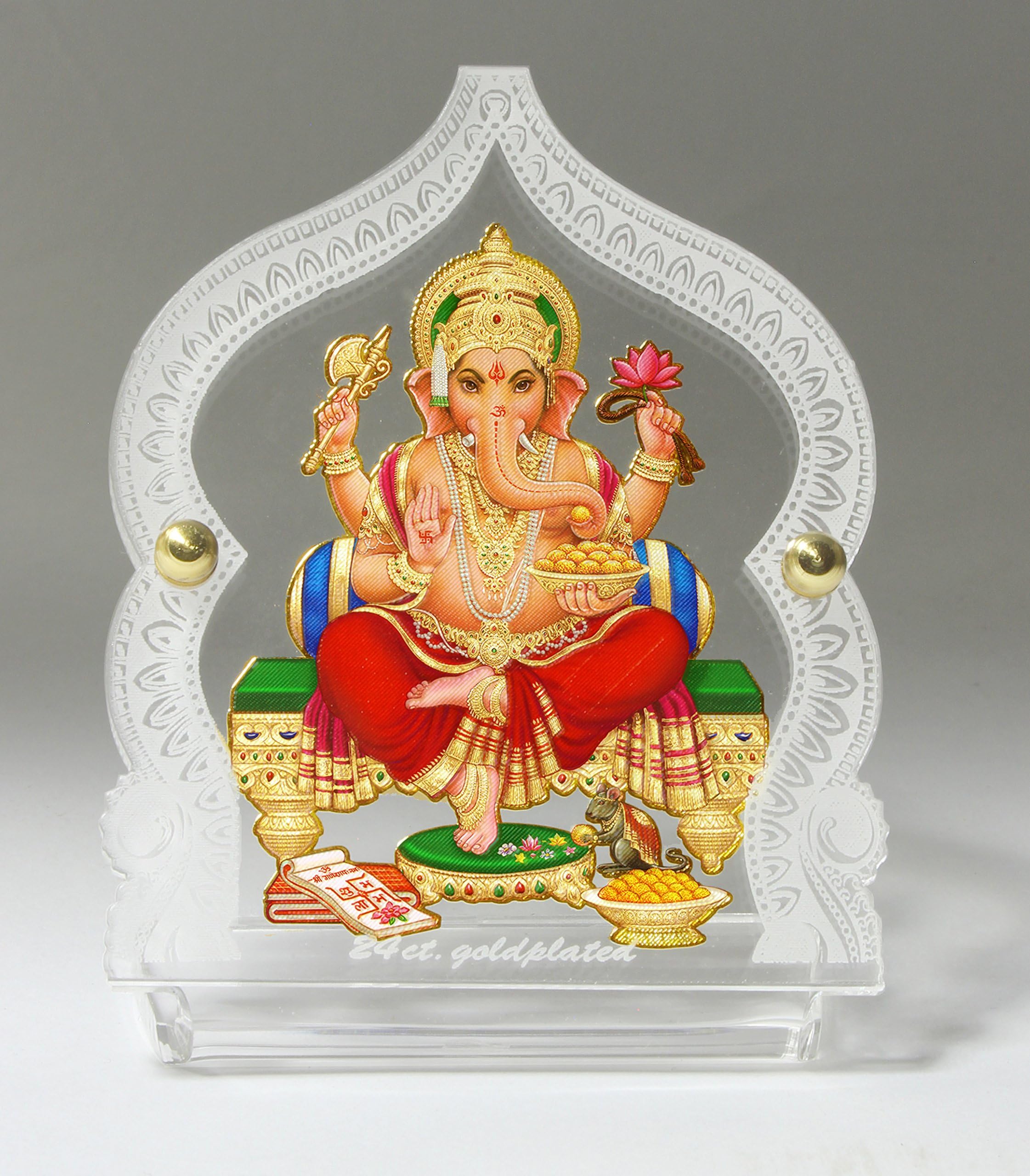 Eknoor 24 Carat Gold Plated Ganesh Ji God Idol Foil on Acrylic Base for Car Dashboard, Puja Ghar and Offices (GP, 4 cm x 8 cm x 6.5 cm), Religious