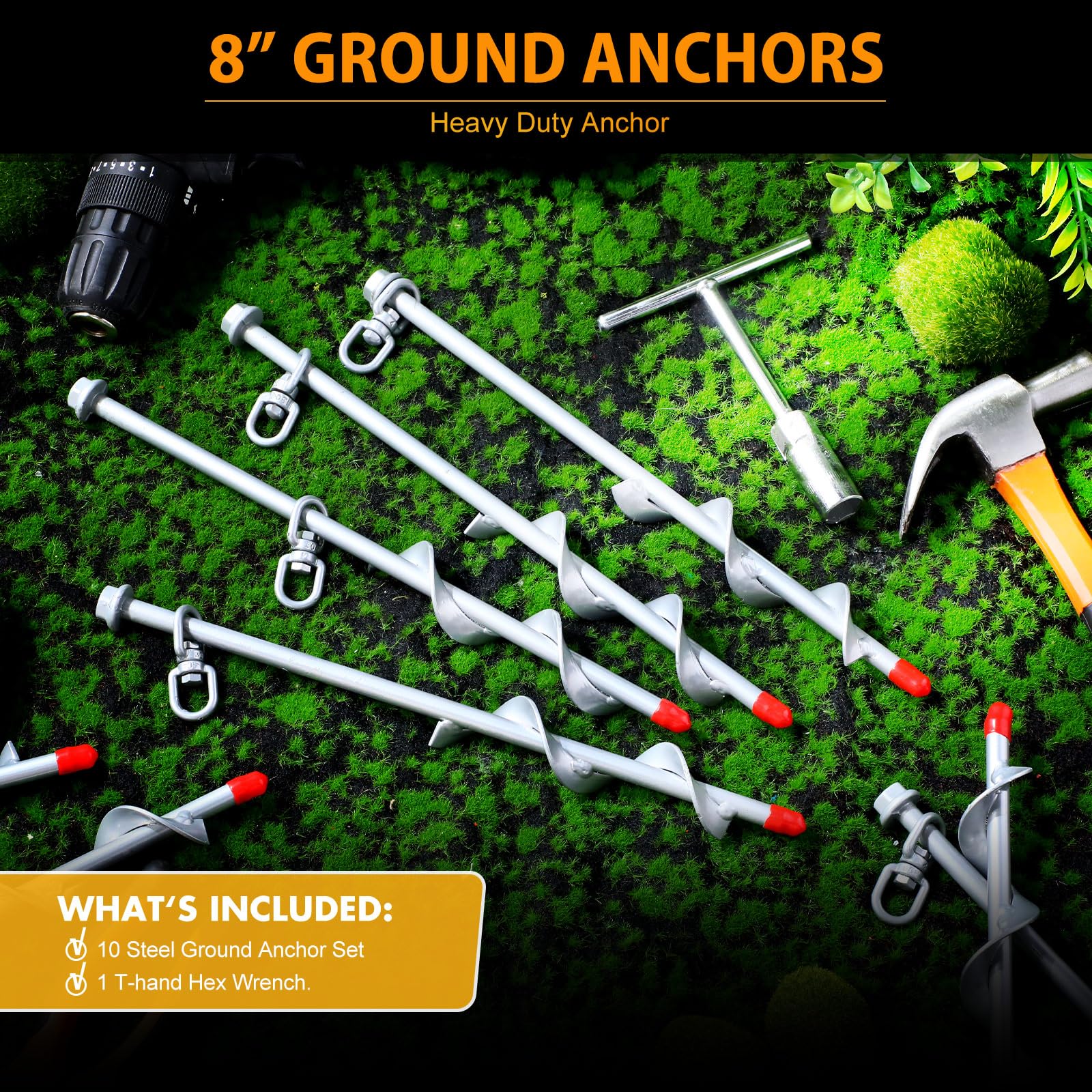 Hiboom Vite di ancoraggio a terra Heavy Duty Ancoraggi di terra Pali per tenda per vento forte con manico a T chiave esagonale gancio trampolino picchetti di terra per tettoie da campeggio porte auto