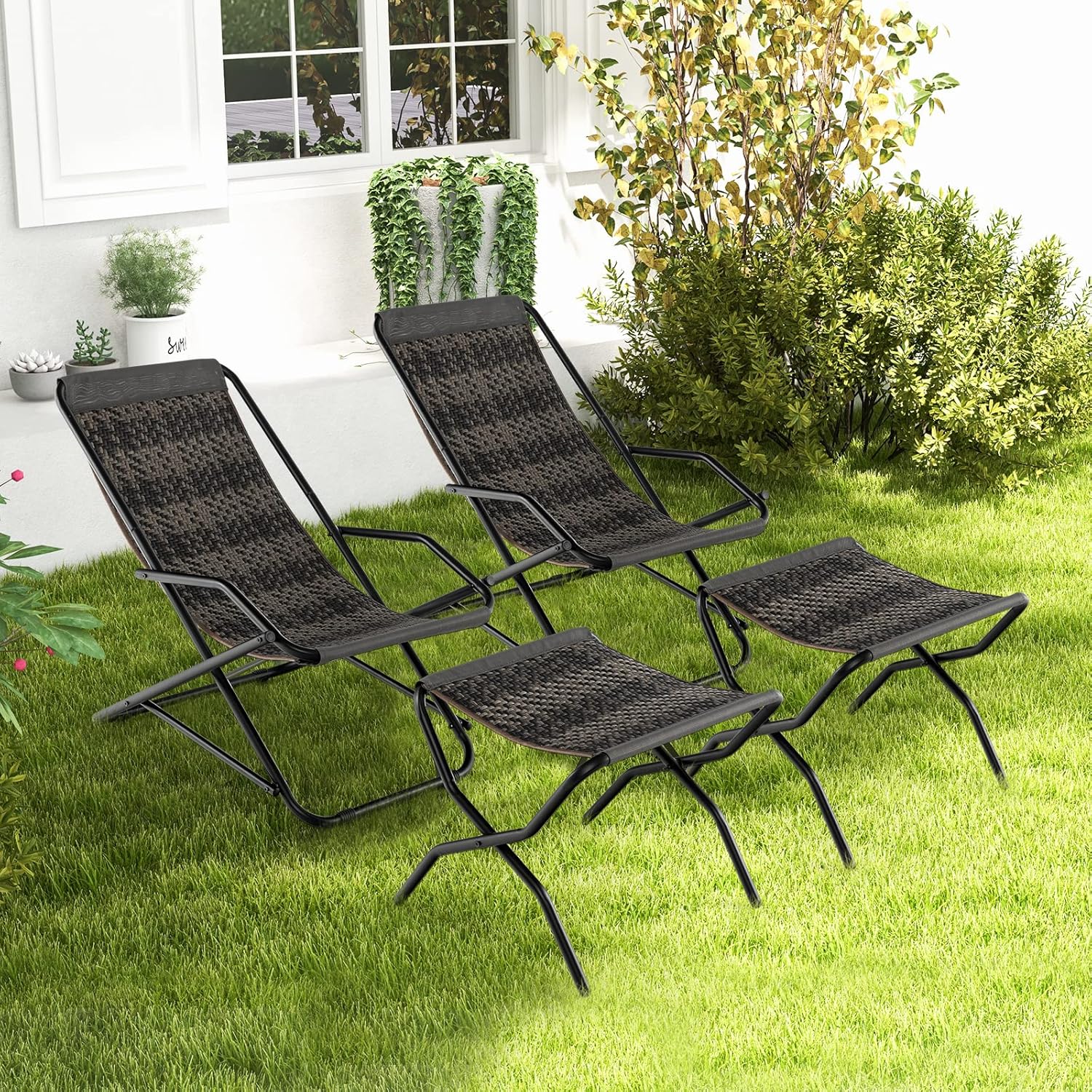 Tangkula Set of 2 Wicker Sling Chair with Ottoman, Patio Deck Chair with Rattan Seat, Metal Frame, Armrests, Portable Folding Beach Chair for Porch, Poolside, Balcony, Garden