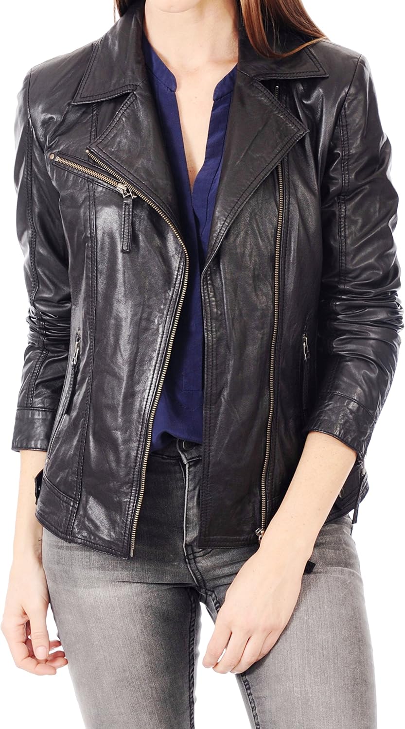 LEATHER FARM Women's Lambskin Leather Bomber Biker Jacket - Image 3