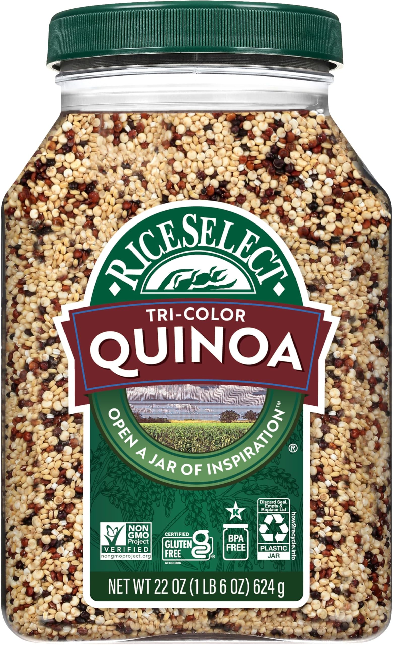 Tri-Color Quinoa, Premium Blend of White, Red and Black Quinoa Seeds, Gluten-Free, Kosher, Non-GMO, Good Source of Fiber and Protein, 22oz Jar (Pack of 1)