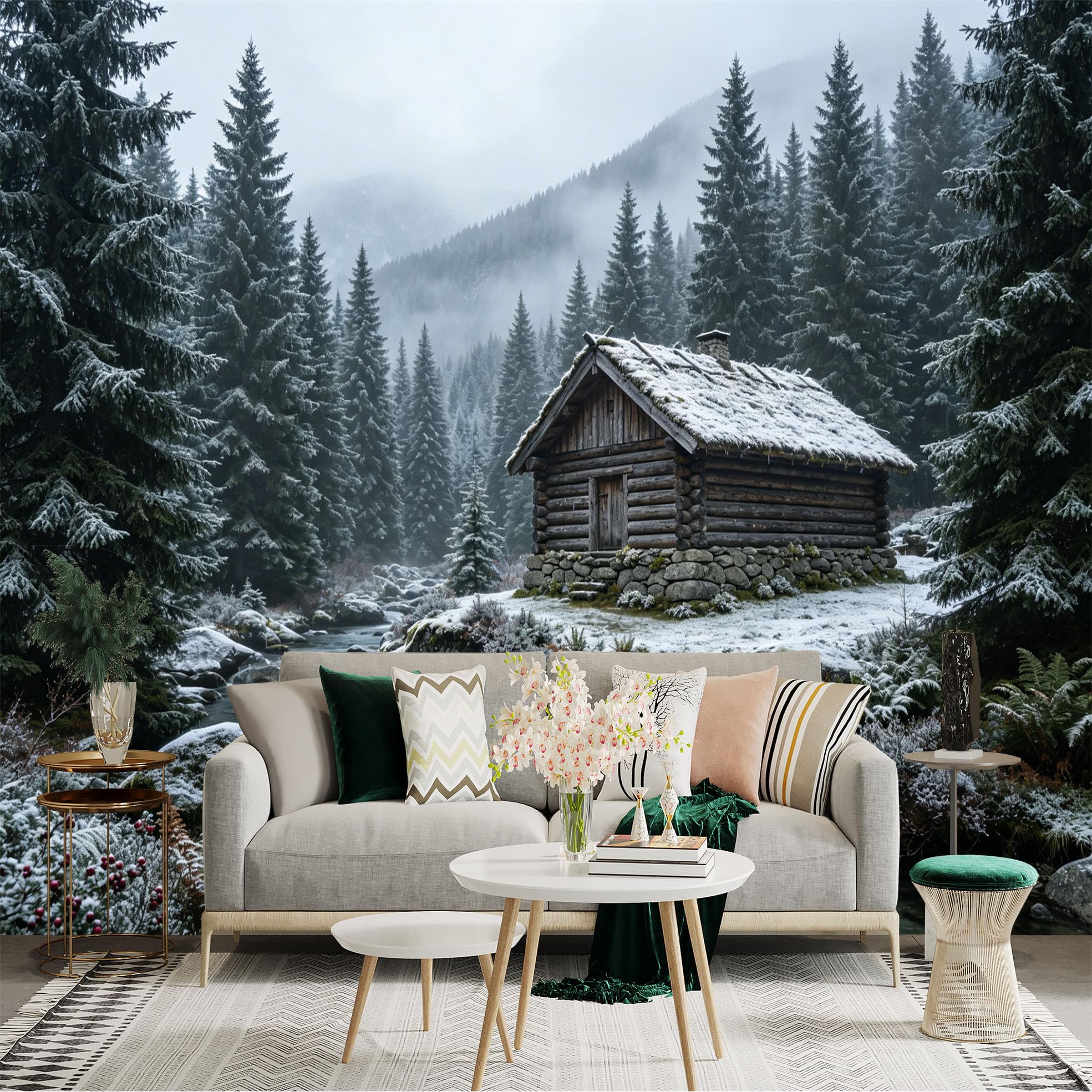 Custom Size Wall Sticker Mural， Snowy Forest with Wooden Cabin， River and Mountain Scenery， for wall Decoration， peelandstick wall Decals.