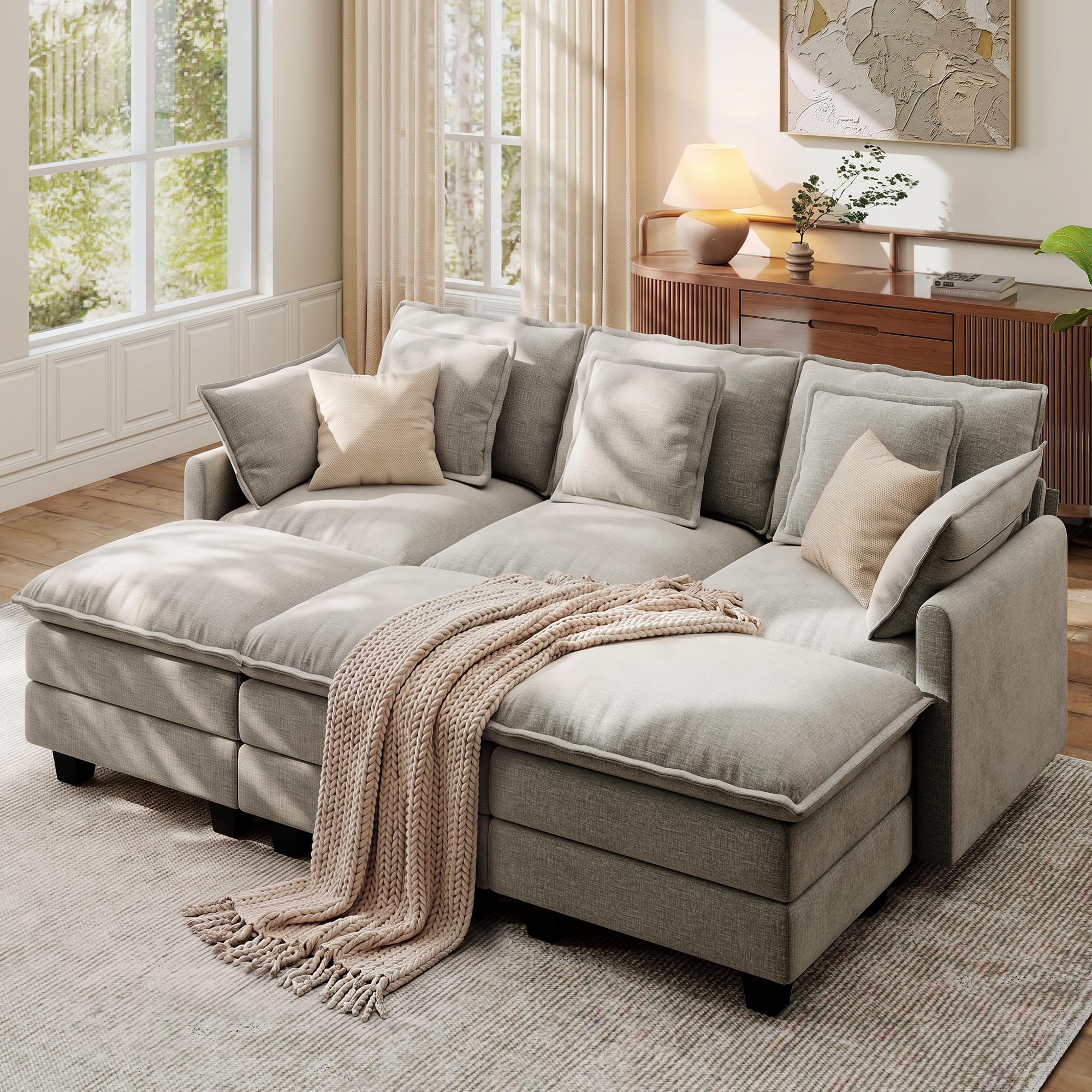 Ihanherry 83" Modular Sectional Cloud Sofa, Convertible Sofa Bed 6 Seat Chenille Couch with Movable Ottomans and 48" Deep Seat, Couches for Living Room, Grey