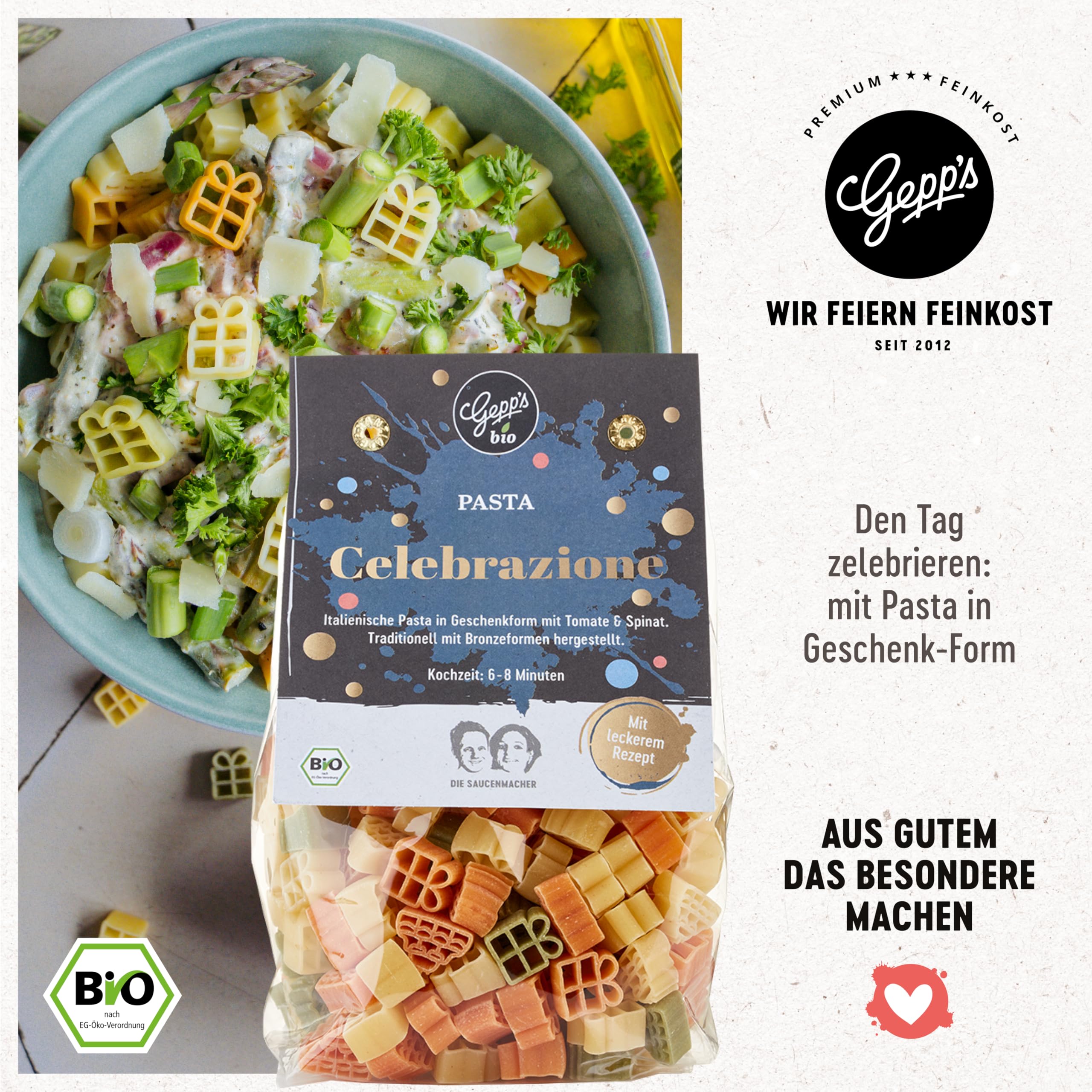 Gepp’s Feinkost Happy Birthday Geschenkset Gourmet Geschenk-Set mit handgemachter Pasta, Pesto-Rosso Gewürz, Bio Alleskönner Gewürz & Basilikumöl