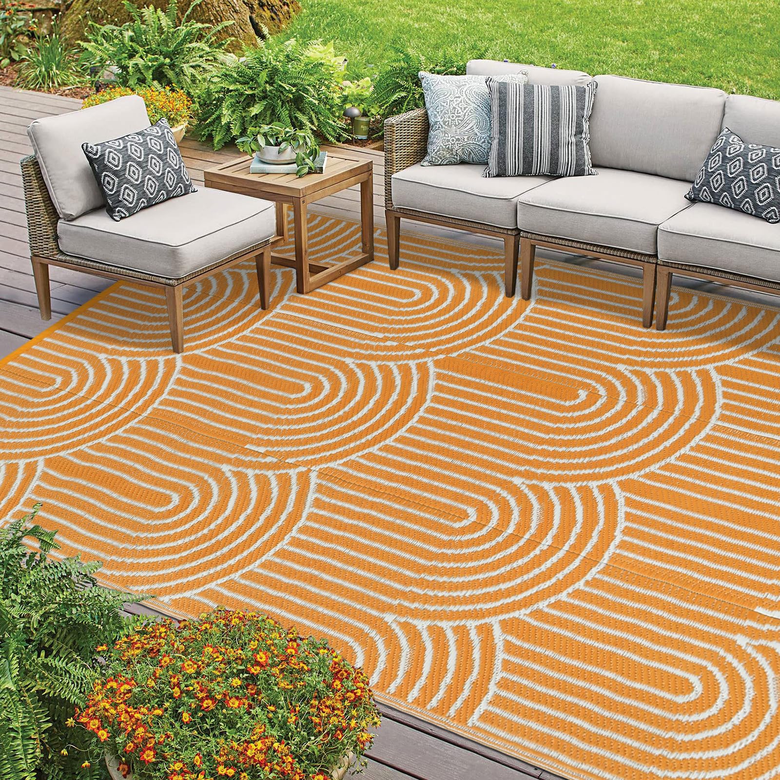 Anidaroel Rainbow Outdoor Rugs 8’x10’ Waterproof for Patio Decor, Reversible Camping Rug for Outside RV, Portable Plastic Straw Outdoor Area Rug for Backyard, Garden, Trailer, Orange