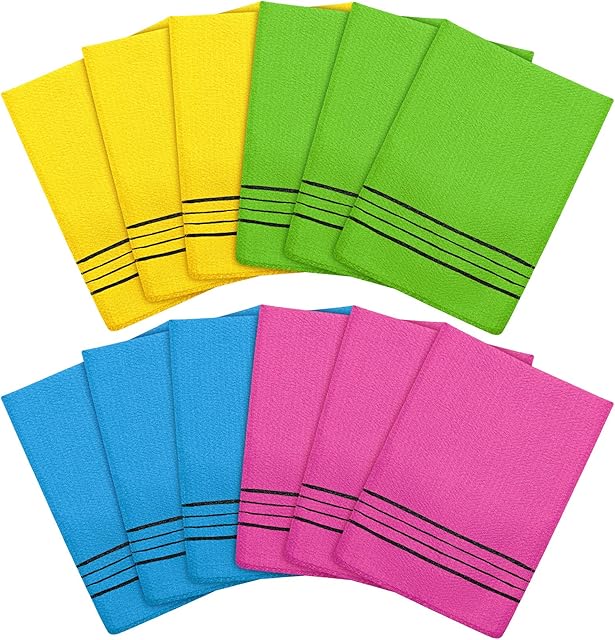 Tatuo 12 Pieces Korean Exfoliating Mitt Exfoliating Cloth Towel Korean Style Body Scrub Korean Style Scrubbing Cloth Bath Body Exfoliating Scrub Towel(Yellow, Green, Blue, Pink, Small)