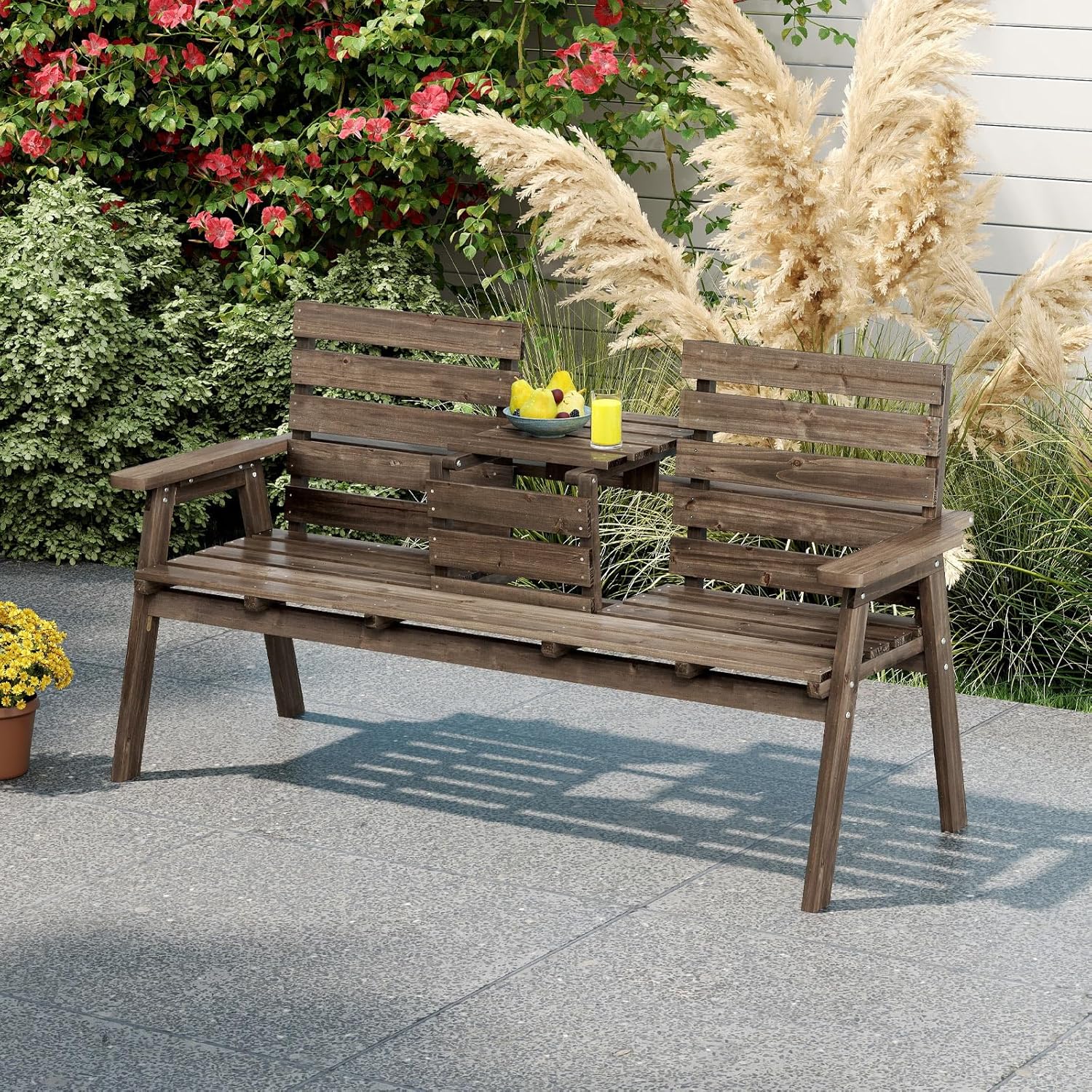 HAPPYGRILL Outdoor Fir Wood Bench with Foldable Middle Table, 2-3 Person Patio Garden Bench with Armrests and Backrests, Wooden Loveseat Chair with 710lbs Capacity (Coffee)