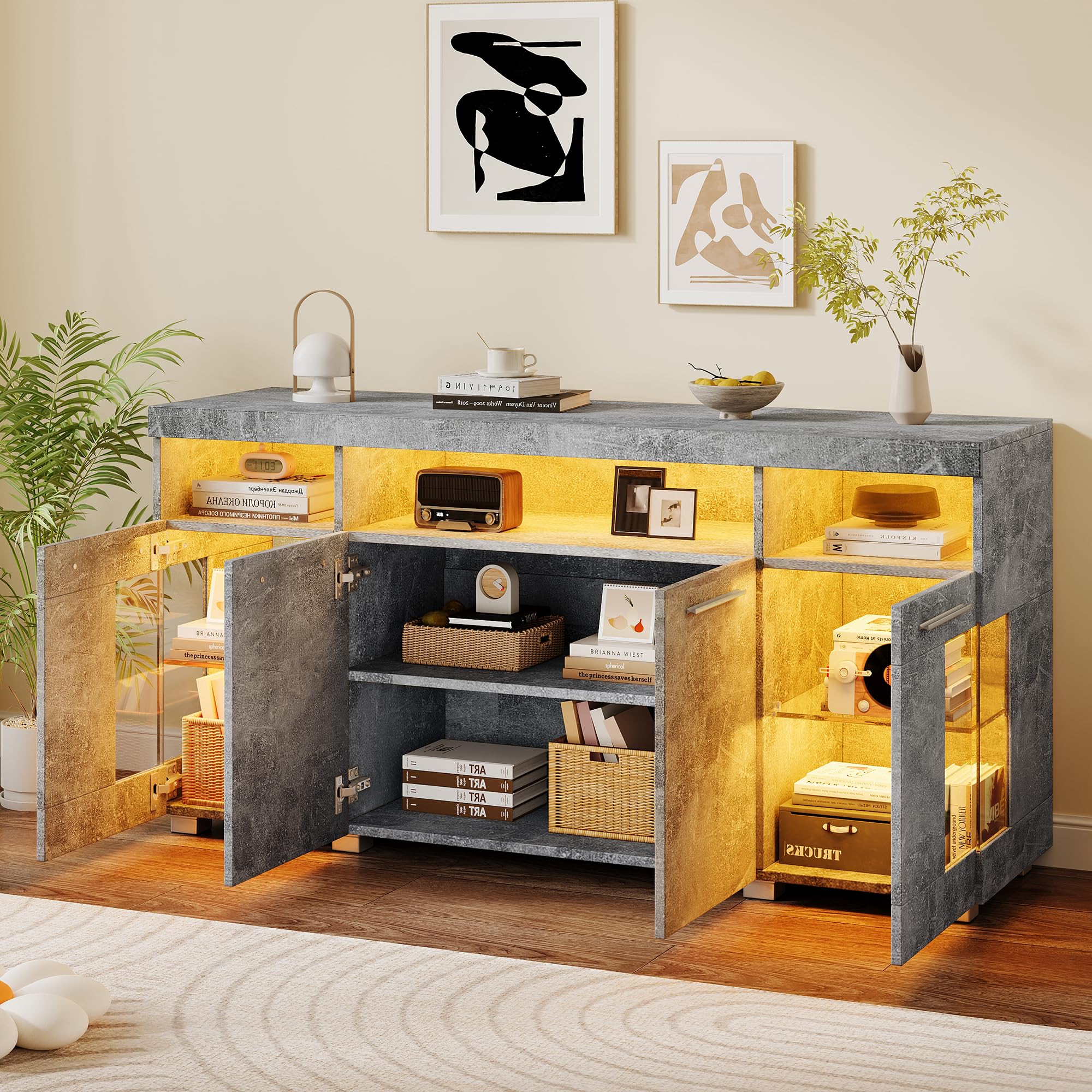 Sideboard Wohnzimmer, Sideboard 140cm breit, Kommode Flur mit LED Beleuchtung aus Gehärtetem Glas, 140x40x70cm, Grau