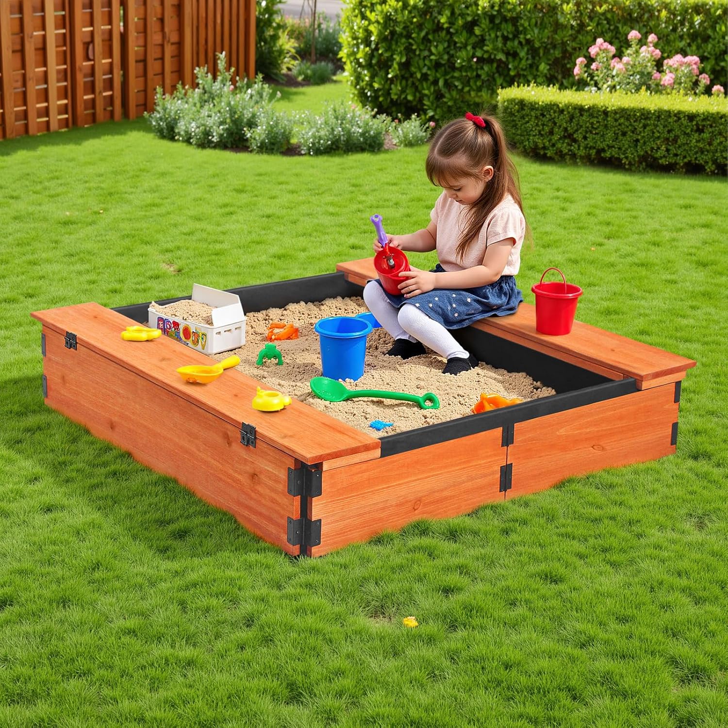 Outdoor Wooden Sandbox, Portable Sandbox, Folding Sand Table - No Assembly Required, Unbox and Use, Includes Scratch-Resistant Base Liner, Children's Outdoor Toy, Suitable for Backyard Gardens