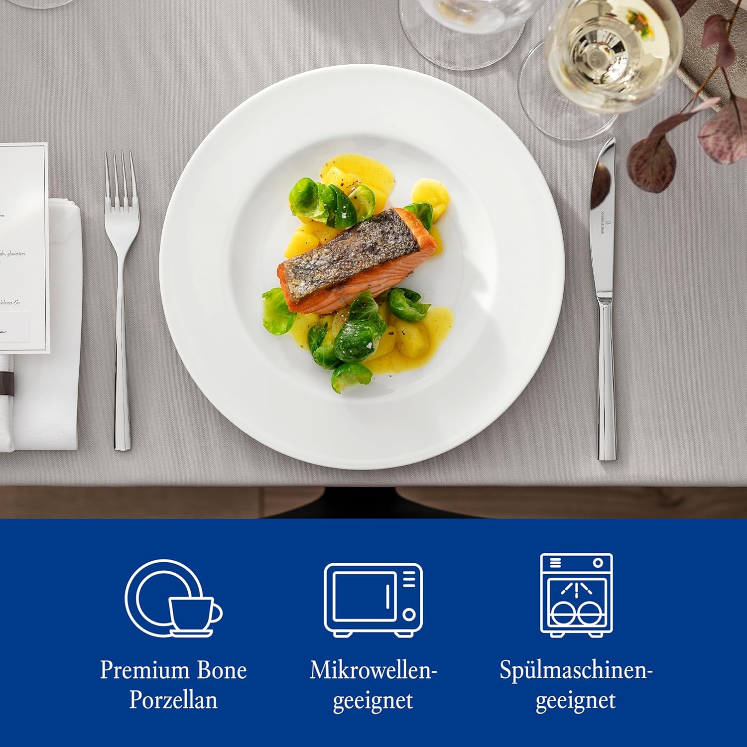 Villeroy & Boch Royal plate with food, showing microwave and dishwasher safe icons