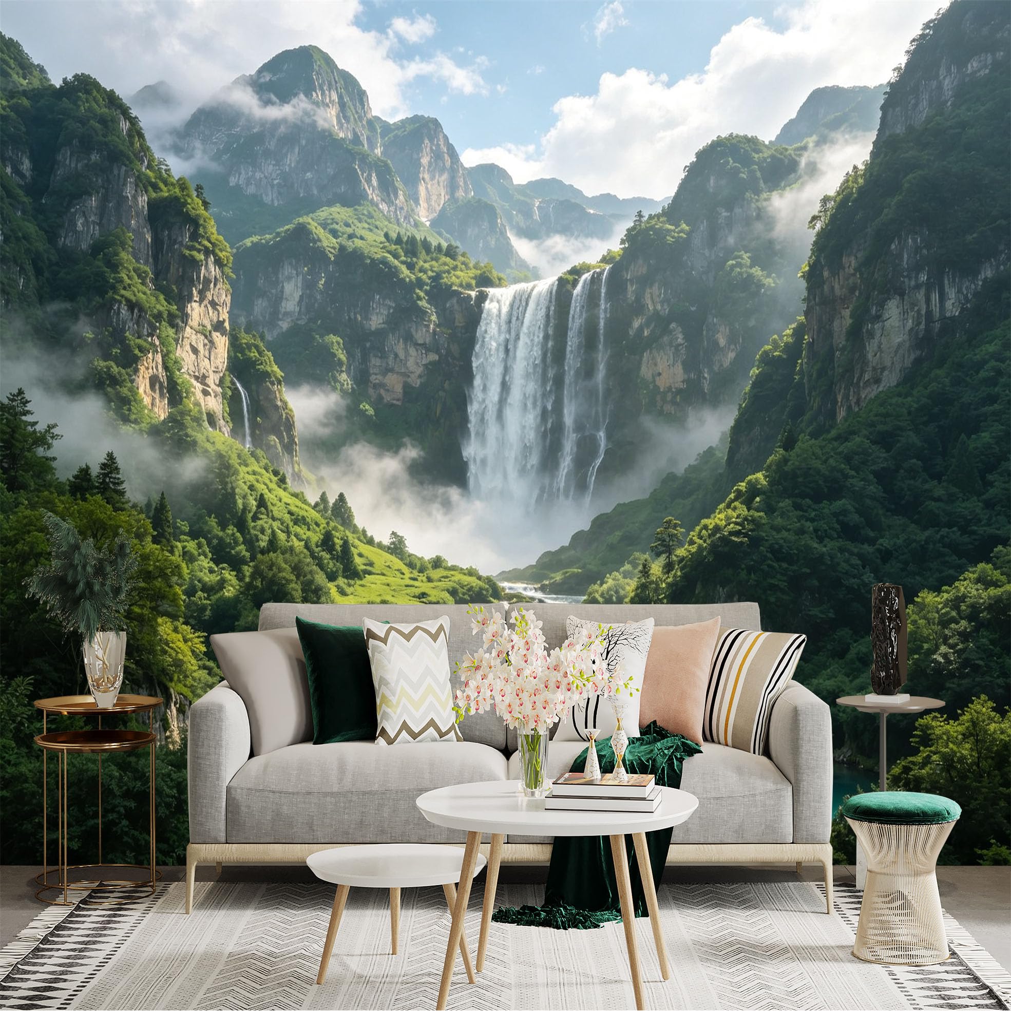 Custom Size Wall Sticker Mural， Majestic Waterfall in Misty Mountains， Lush Green Forest Landscape， Turquoise River， for wall Decoration， peelandstick wall Decals.
