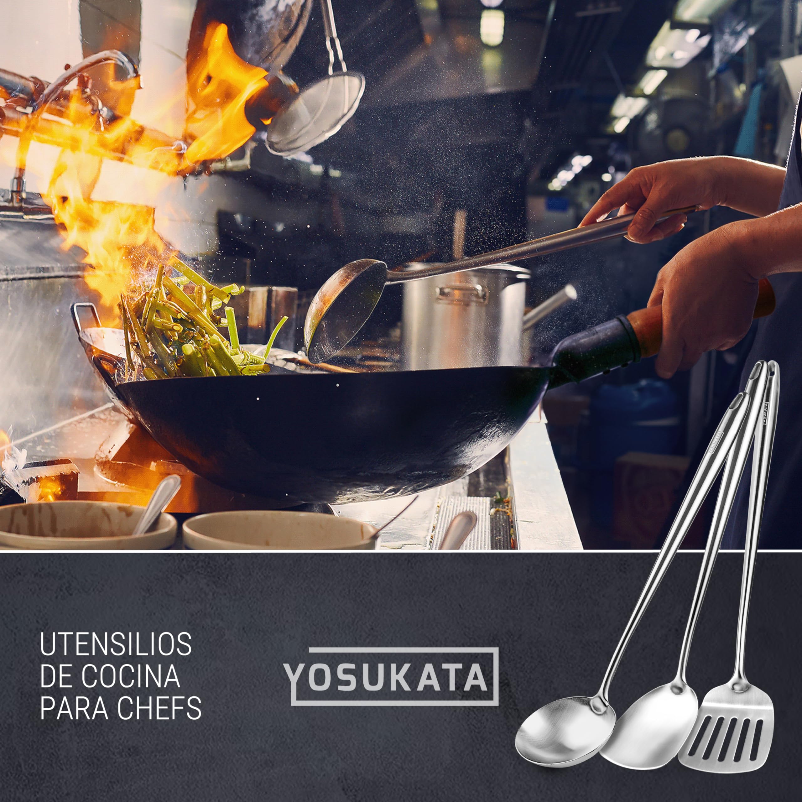OSUKATA Espátula y Cucharón y Espátula de Cocina Ranurada para Wok 43 cm - Juego de Utensilios de Acero Inoxidable 304 - Cuchara Ranurada - Cucharón Sopa - Pala Cocina - Accesorios de Wok