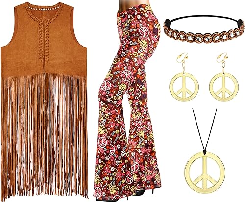 Conjunto de disfraz hippie de los años 70 para mujer, chaleco bohemio con flecos, pantalones acampanados, signo de la paz y aretes, para fiesta de